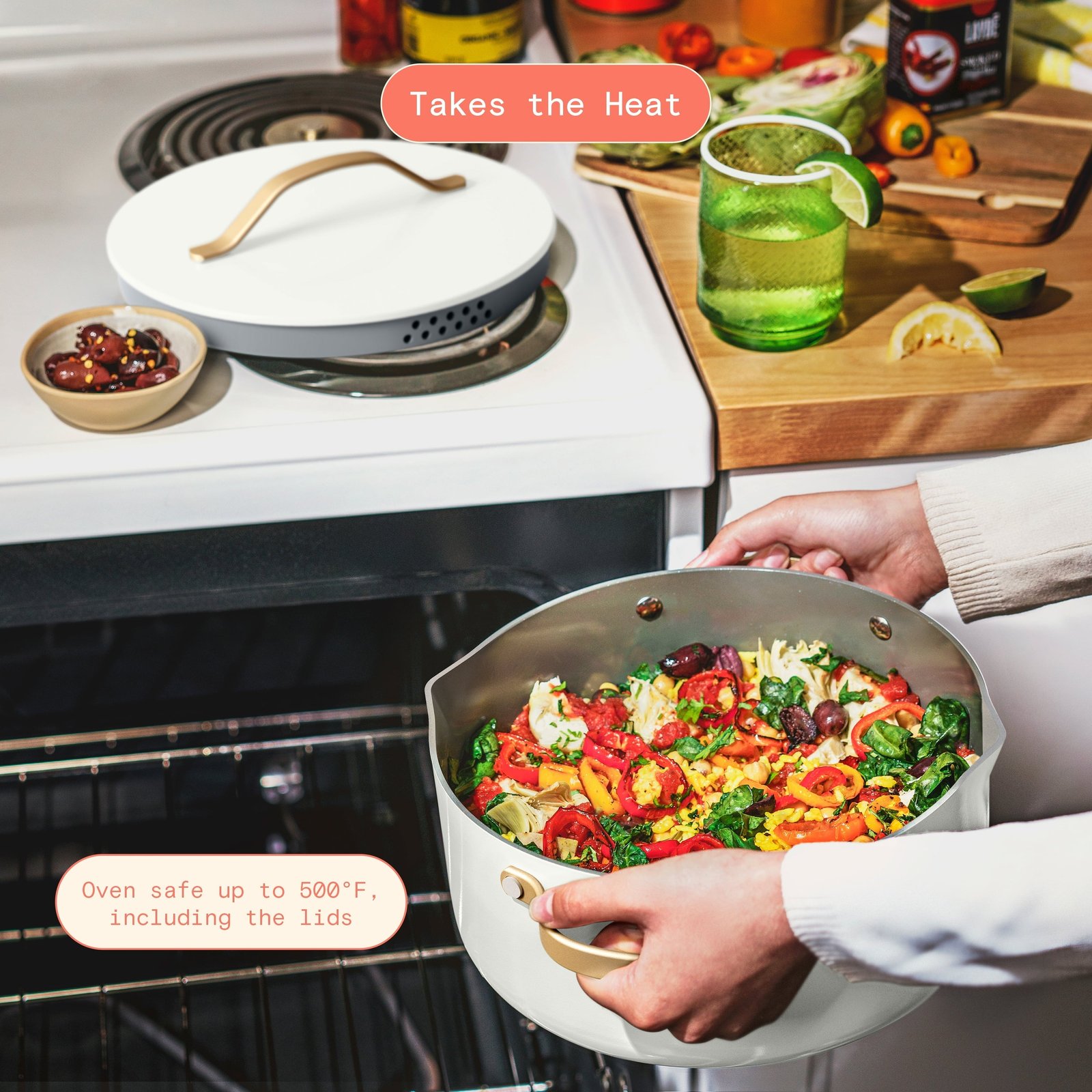 Beautiful 12-Piece Ceramic Nonstick Cookware Set, Pots and Pans with Strainer Lids, White Icing by Drew Barrymore