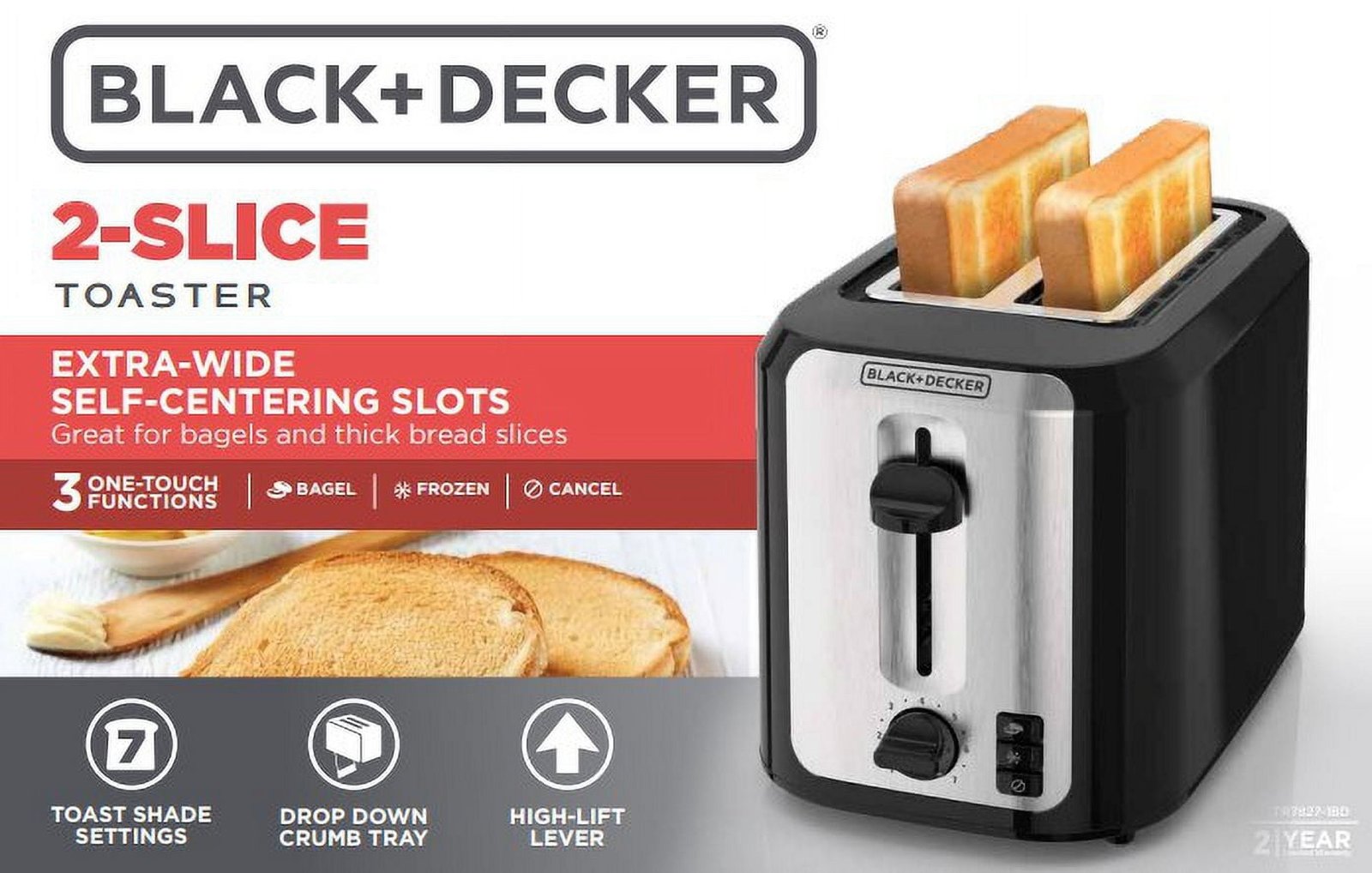 BLACK+DECKER 2-Slice Toaster, with Extra-Wide Slots and Bagel Function, Black with Stainless Steel