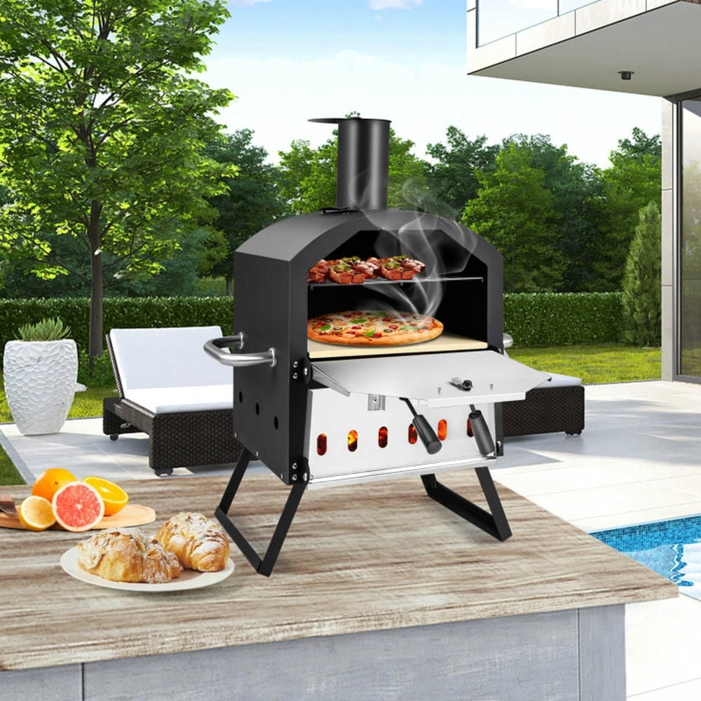 Spaco Grill, Outdoor BBQ Grill,Outdoor Pizza Oven with Anti-scalding Handles and Foldable Legs-Black