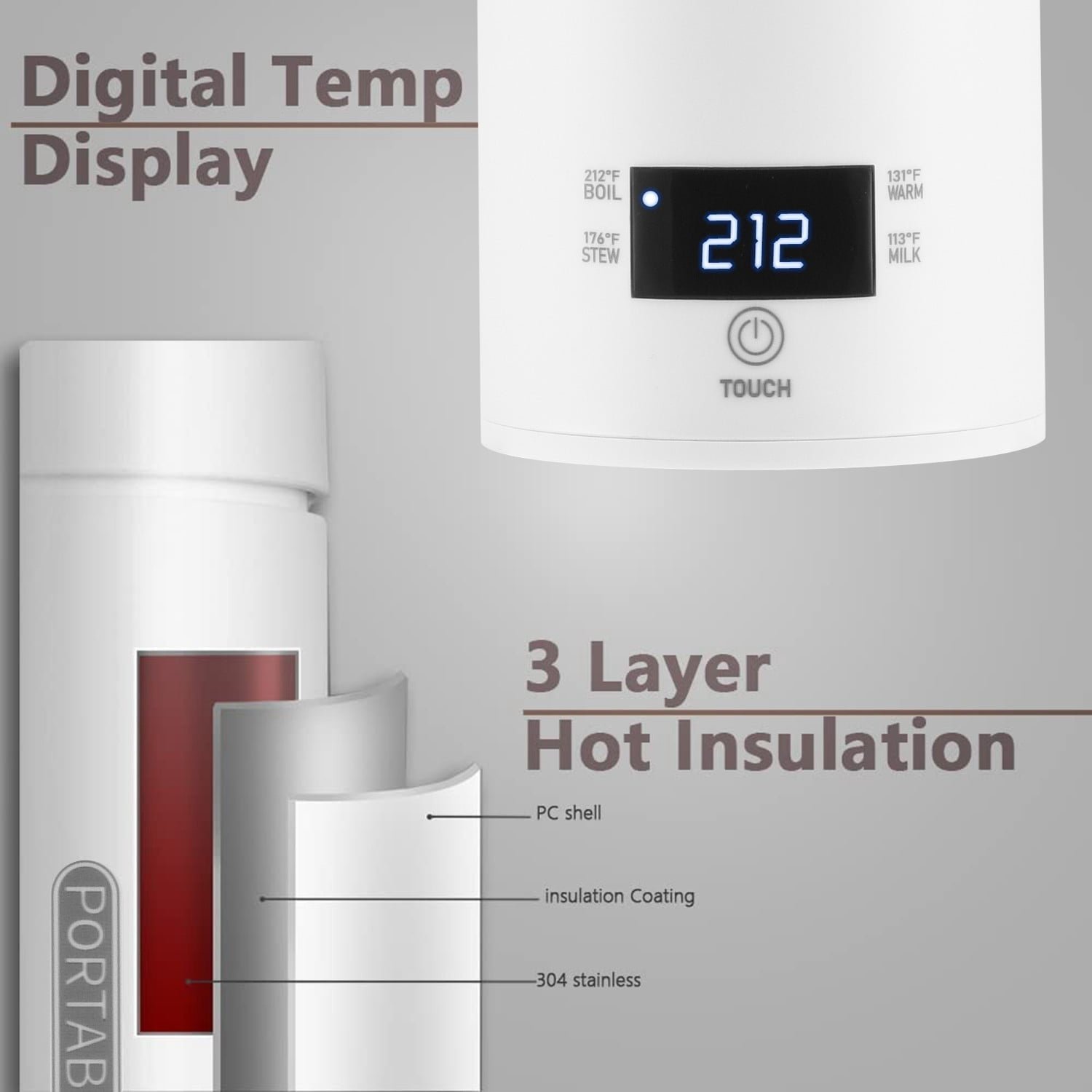 Smart Travel Kettle Electric Small Stainless Steel Portable Digital Electric Kettle for Boiling Water 380ml Travel Tea Kettle Portable Water Boiler, White