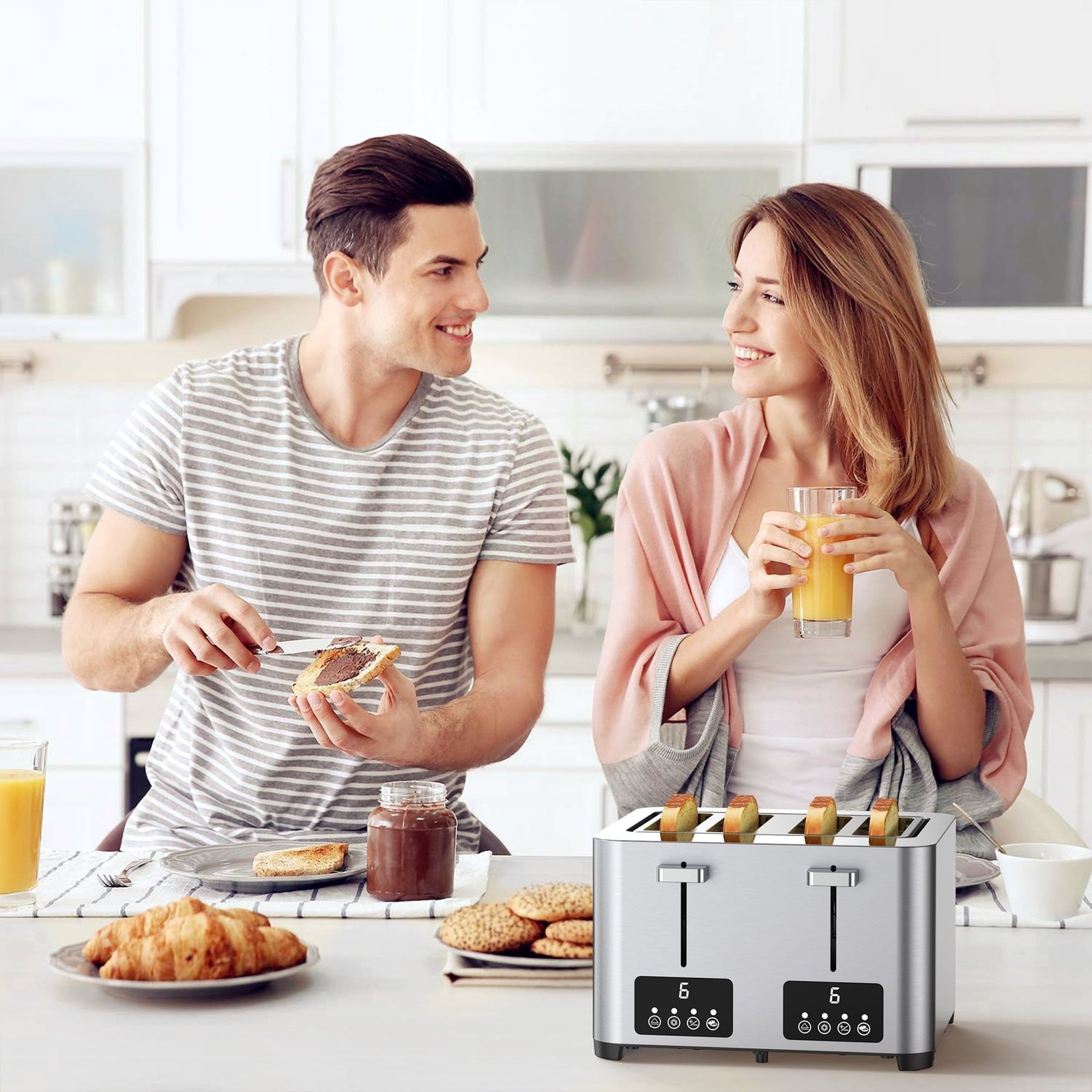 Suodoka Toaster 4 Slice with Touchscreen, Stainless Steel Bread Toaster, 6 Browning Shade Settings, 1.57 inch Wide Slots with Reheat, Cancel, Defrost Functions, New