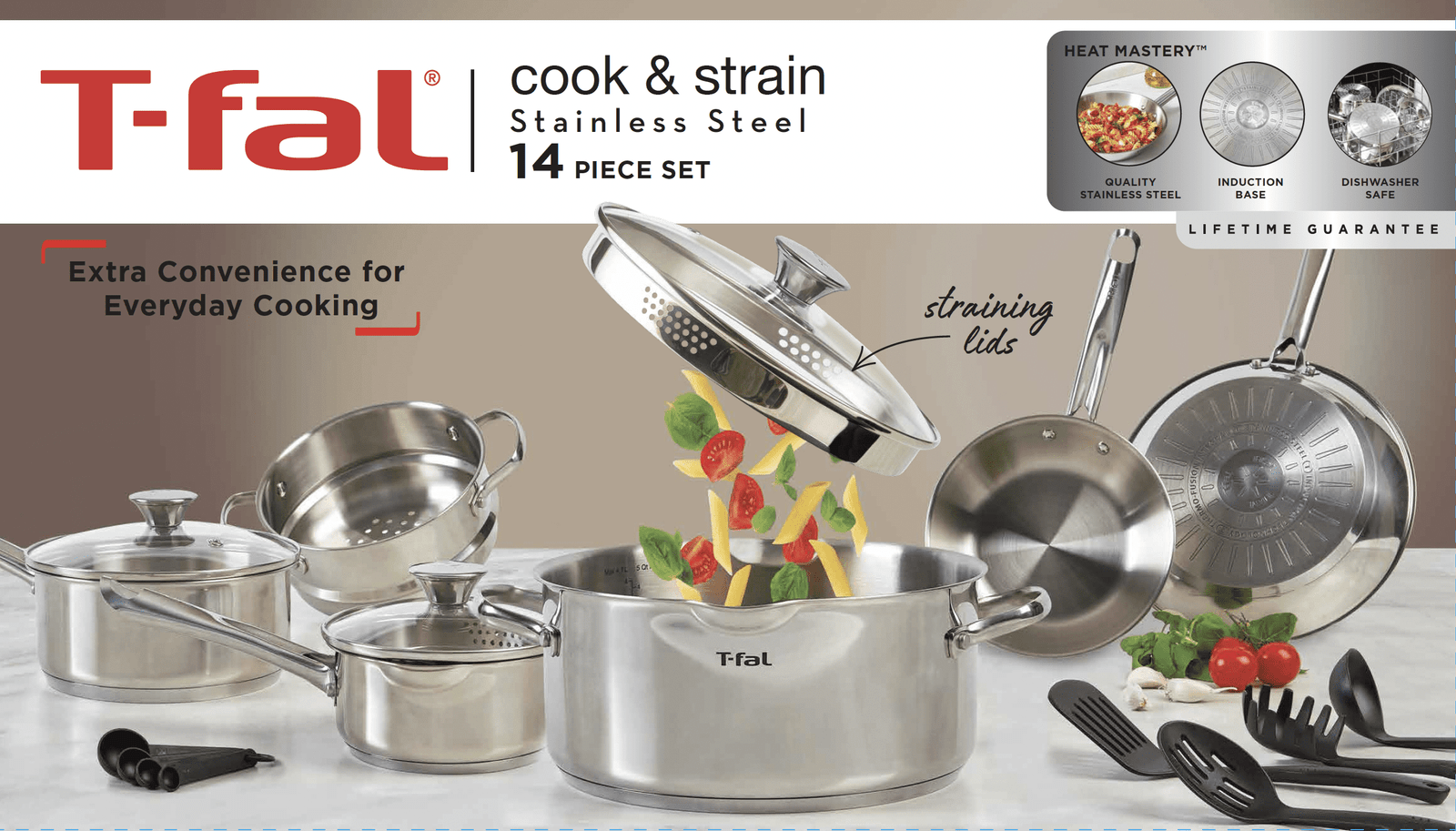 T-fal Cook & Strain Stainless Steel Cookware Set, 14 piece Set