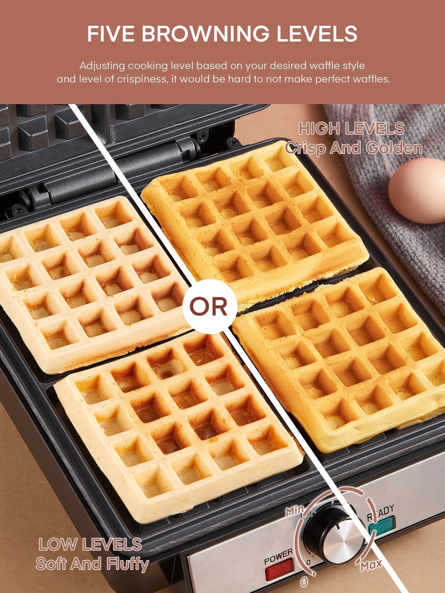 FOHERE 4-Waffle Electric Belgian Waffle Maker, Black Stainless Steel