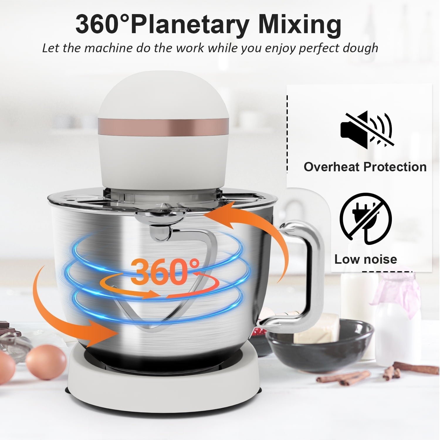 Bluebow 6.5QT Stand Mixer, 10+P Speeds Powerful Electric Kitchen Mixer with Dough Hook, Beater, Whisk, Food Mixer for Baking, Cooking, White