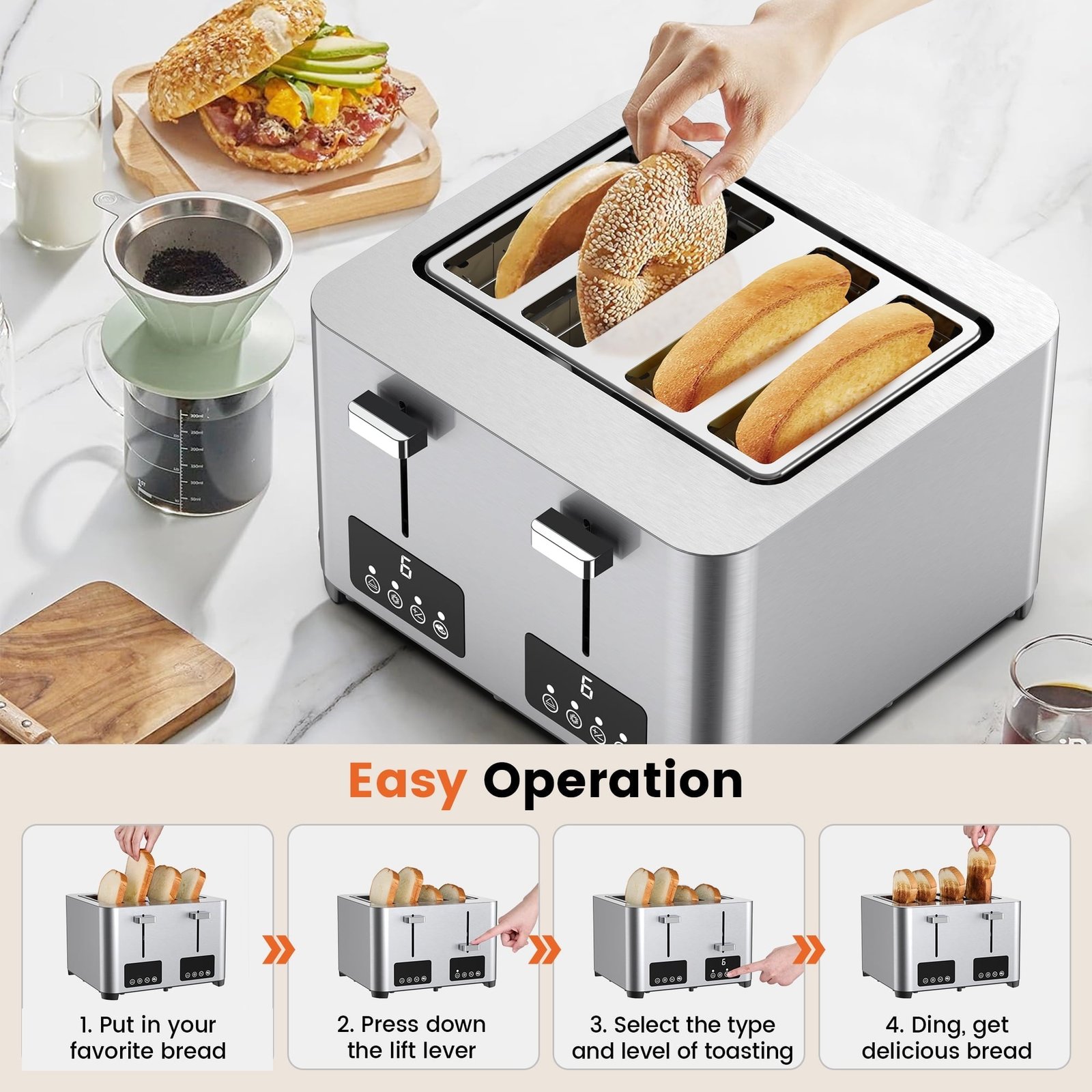 Suodoka Toaster 4 Slice with Touchscreen, Stainless Steel Bread Toaster, 6 Browning Shade Settings, 1.57 inch Wide Slots with Reheat, Cancel, Defrost Functions, New