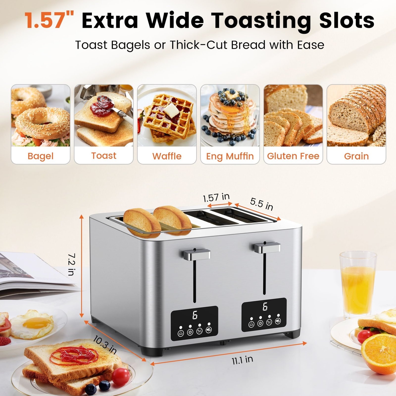 Suodoka Toaster 4 Slice with Touchscreen, Stainless Steel Bread Toaster, 6 Browning Shade Settings, 1.57 inch Wide Slots with Reheat, Cancel, Defrost Functions, New