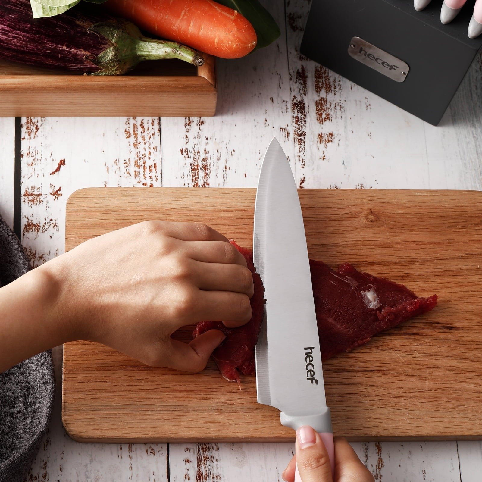 Hecef 14-Piece Pink Knife Set with Block and Sharpener, High Carbon Stainless Steel Kitchen Knives