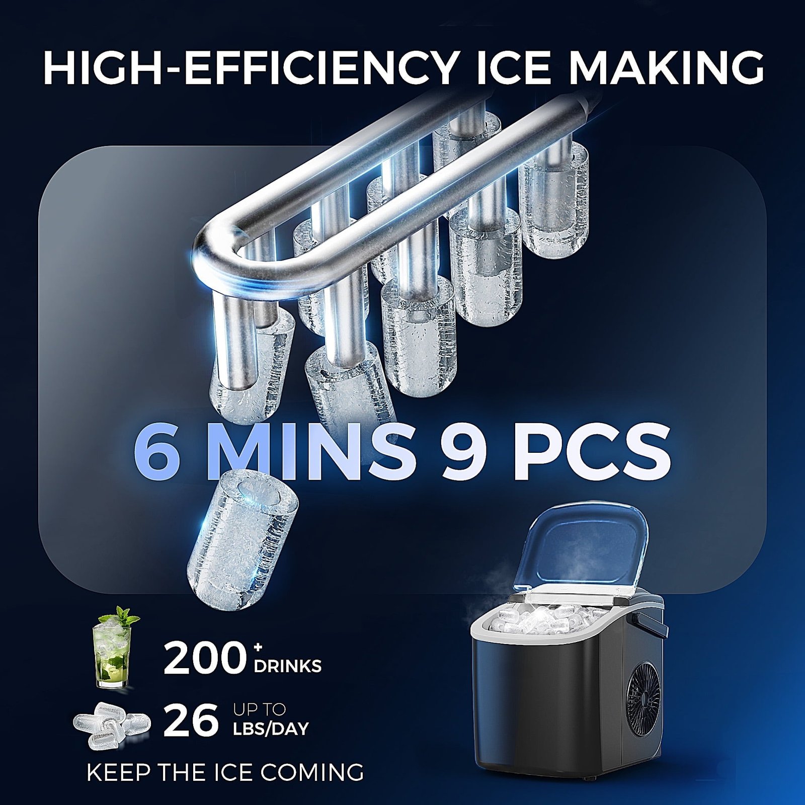 Simzlife 26 lbs/24H Countertop Ice Maker Machine, 9 Bullet-Shaped Ice in 6 Min, Auto-Cleaning