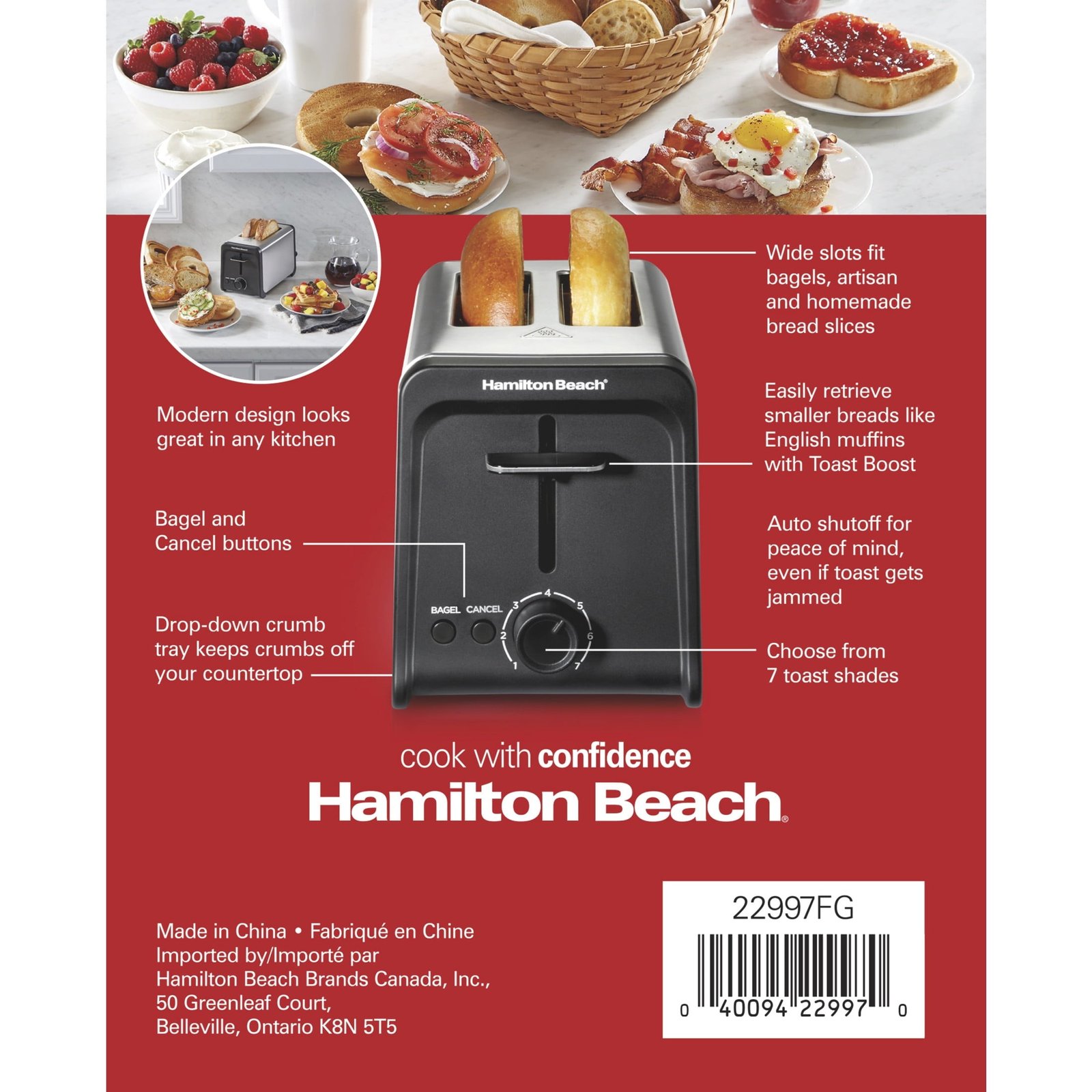 Hamilton Beach 2 Slice Toaster with Wide Slots, Bagel Function, Toast Boost, Stainless, New, 22997F