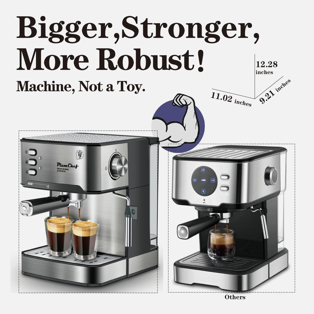 Plum Chef Espresso Machine, 20 Bar Coffee Maker with Foaming Milk Frother Wand, Espresso & Cappuccino Latte Maker Coffee Machine, 850W, 1.6L Removable Water Tank, Black&Silver