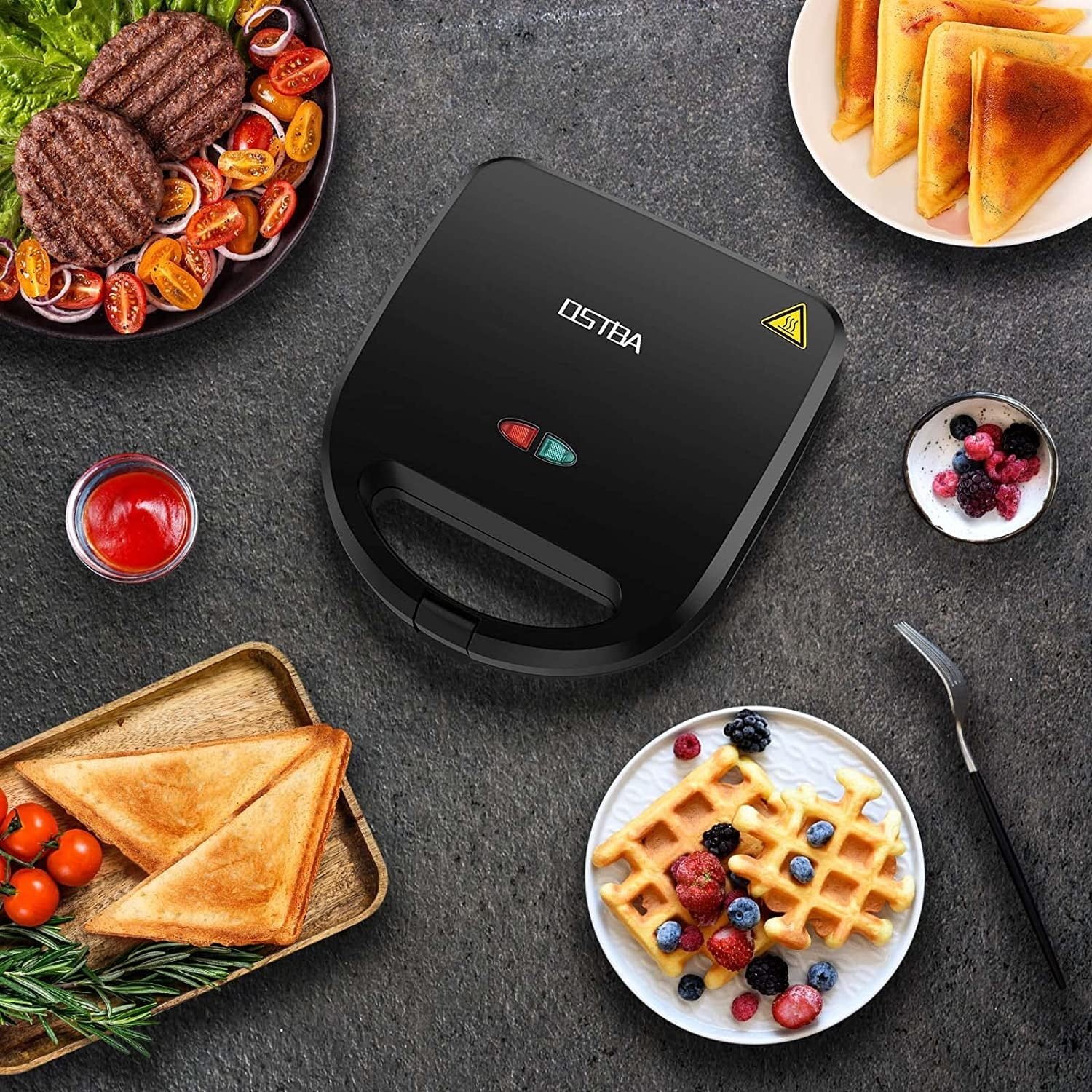 OSTBA 3 in 1 Sandwich Maker, Waffle Maker with Removables Plates, Panini Press Waffle Iron Set , Non-stick Coating Cool Touch Handle Anti-skid Feet for Sandwiches Grilled Cheese Steak, 750W