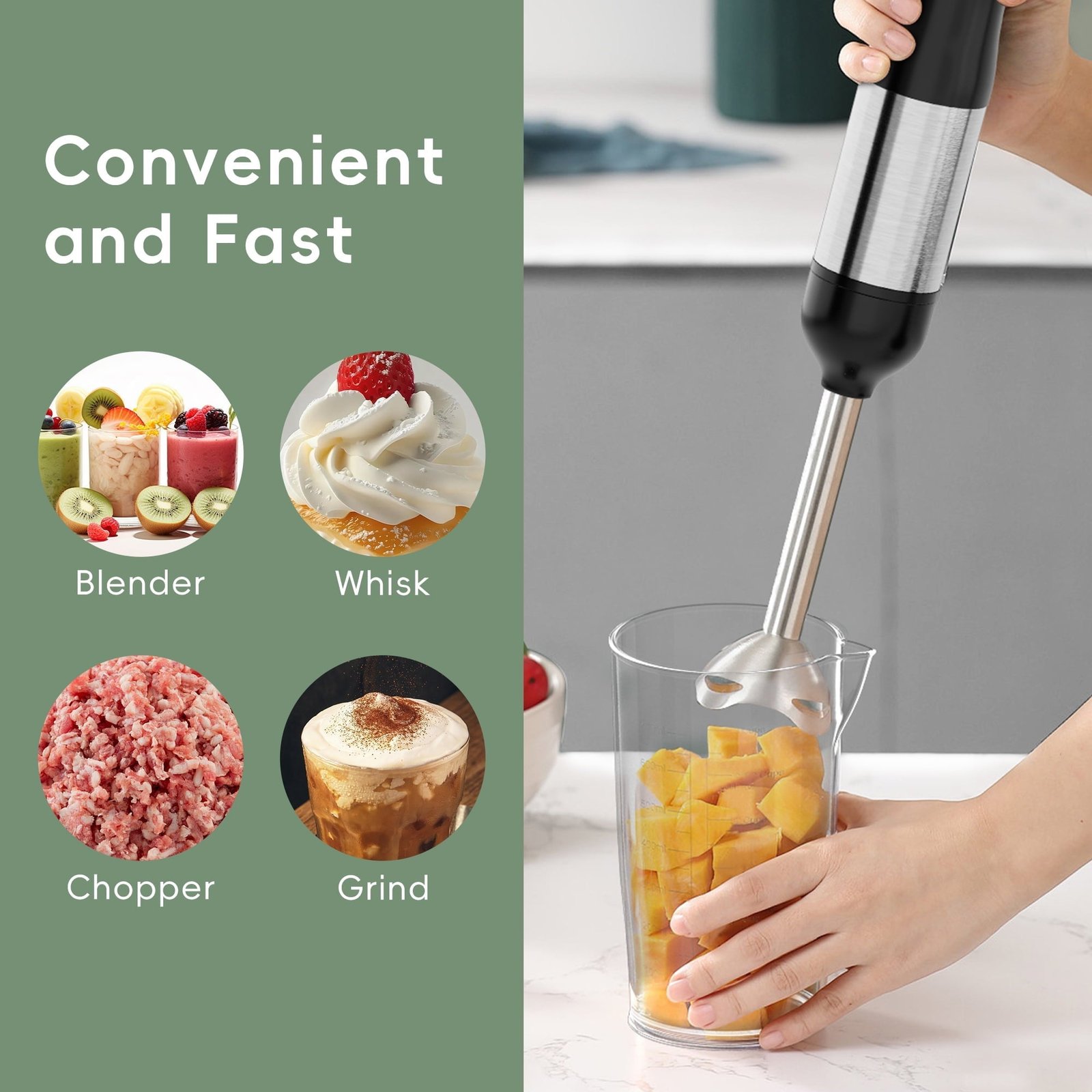 WHALL Cordless Immersion Blender, Rechargeable 5-in-1 Handheld Blender with Whisk, Milk Frother Attachments, Portable Stick mixed,700ml Beaker, 500ml Chopper
