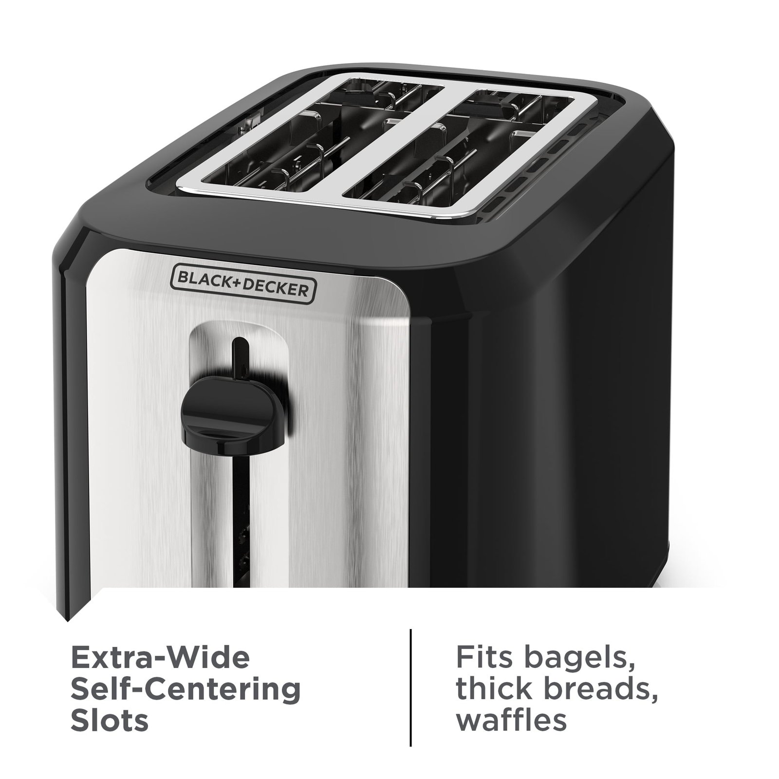 BLACK+DECKER 2-Slice Toaster, with Extra-Wide Slots and Bagel Function, Black with Stainless Steel