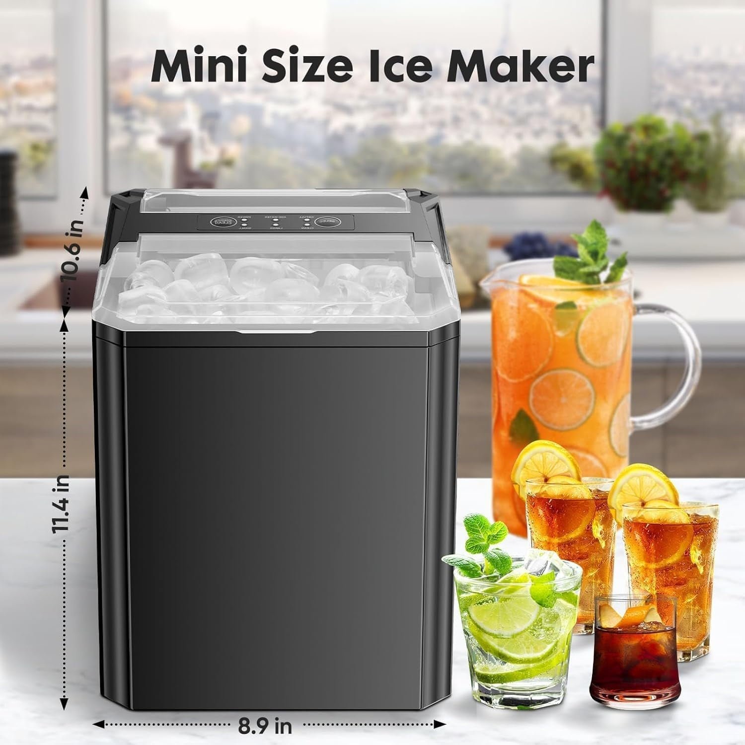 Simenmax Ice Maker, Portable Countertop Icemaker Machine, Self Cleaning Quiet 2 Sizes Bullet Cubes Makers, 9 Cubes in 6 Mins, 26lbs/24Hrs with Ice Scoop, Basket for Home Kitchen Party,Black