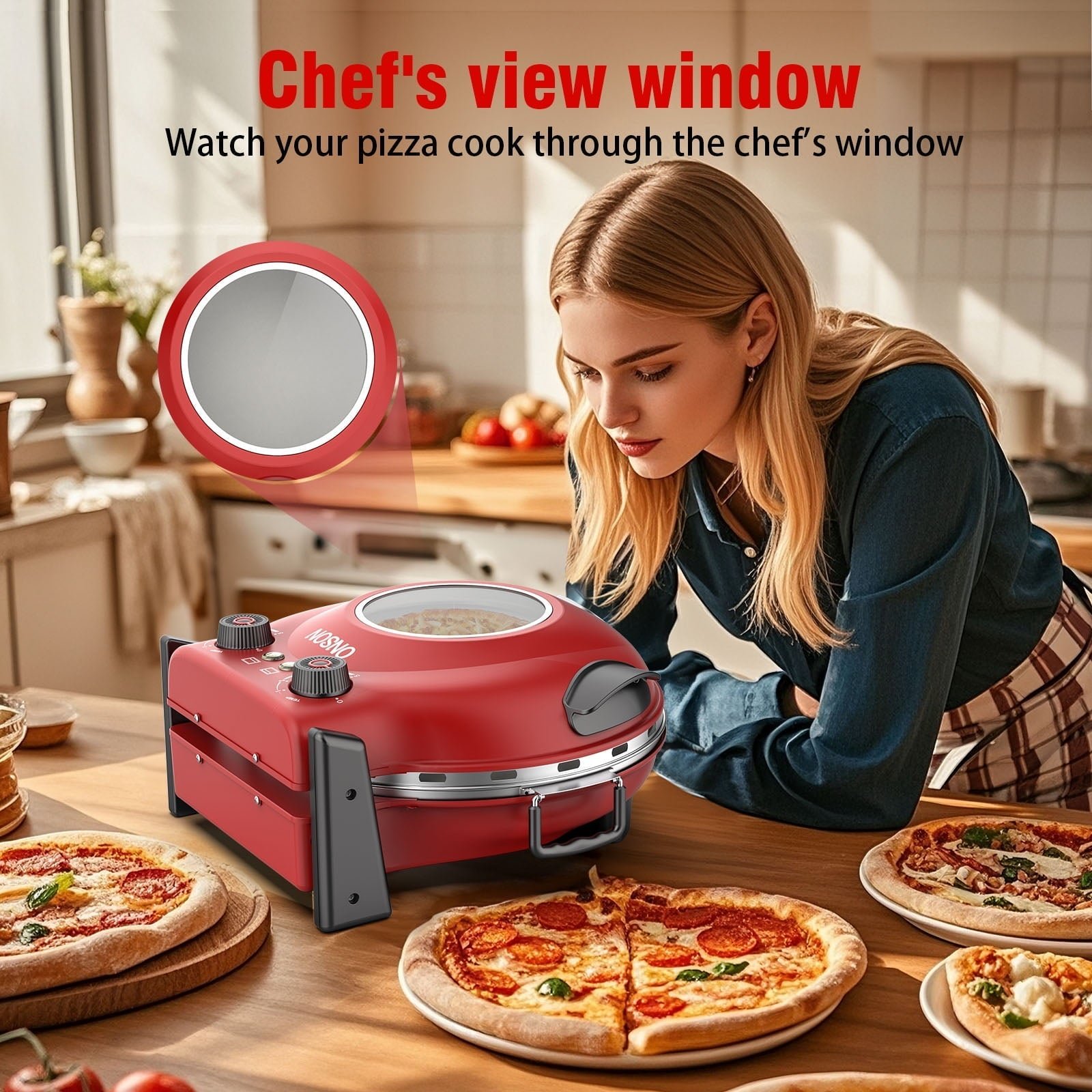 ONSON 12-Inch Pizza Maker with Ceramic Stone, Heats up to 800°F, Countertop Pizza Oven for Home, Red