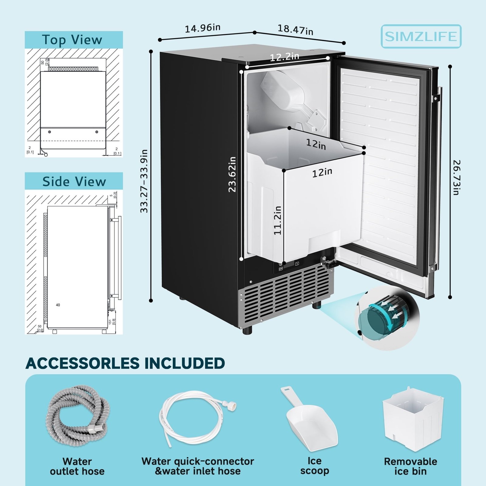 Simzlife 80lbs/24H Undercounter Commercial Ice Maker, Freestanding/Built-In Ice Machine with Clear Cube