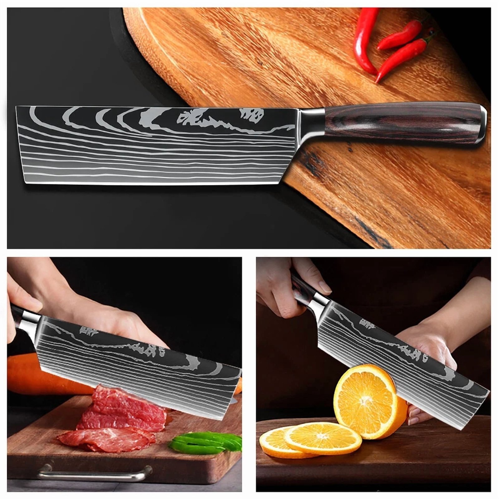 7" Nakiri Knife Kitchen Chef'S Knife Damascus Laser Stainless Steel Meat Slicing