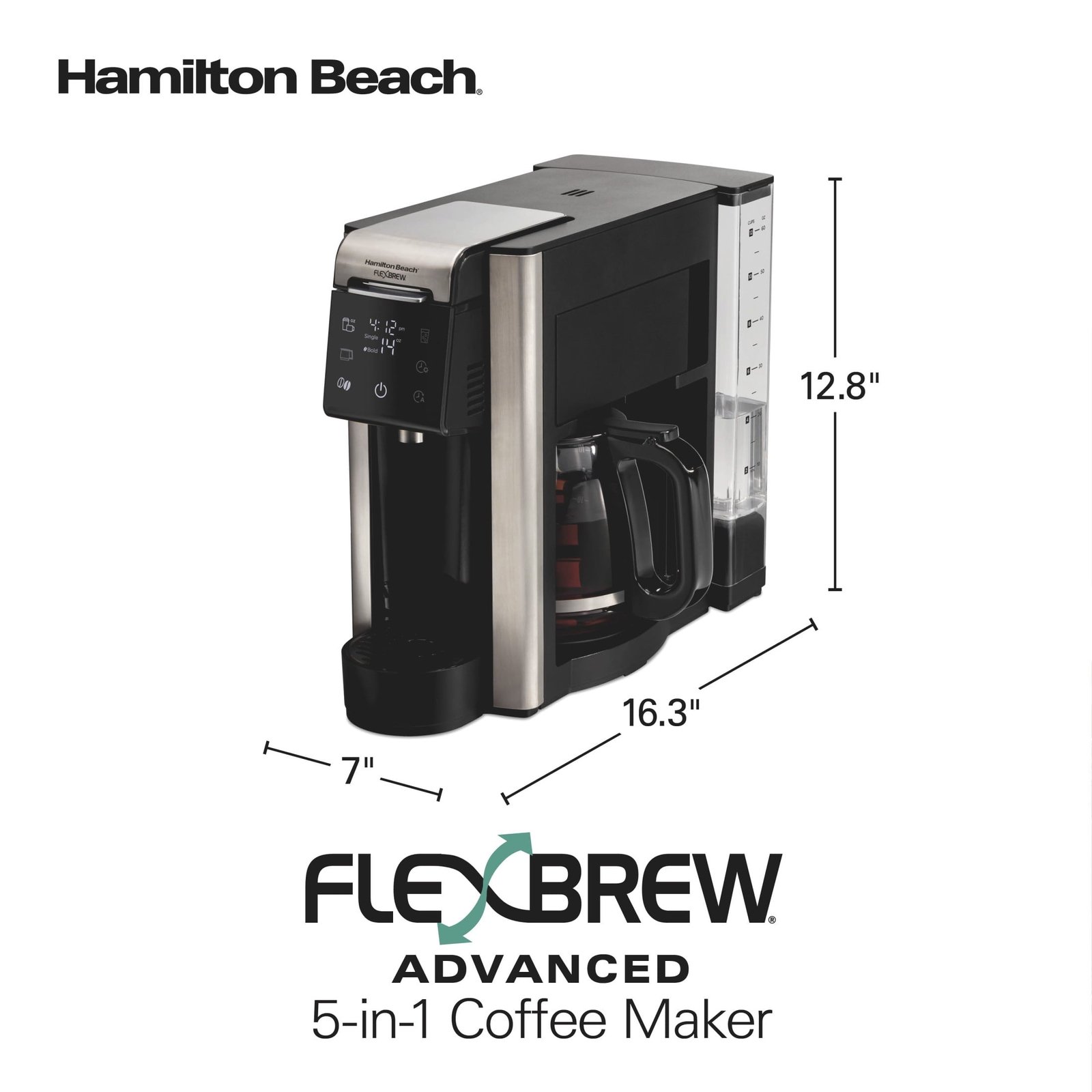 Hamilton Beach FlexBrew 5-in-1 Coffee Maker, Single Serve, 12-Cup Coffee Pot, Hot & Iced, K Cup Pod Compatible or Grounds, Black