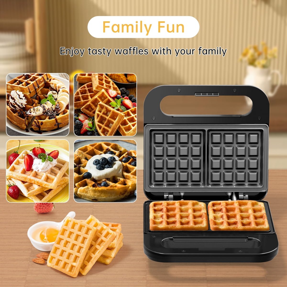 GPED Waffle Maker, 2 Slices Non-Stick Waffle Iron, Compact Waffle Maker with Indicator Lights for Make Breakfast,Cool Touch Handles, Easy Clean