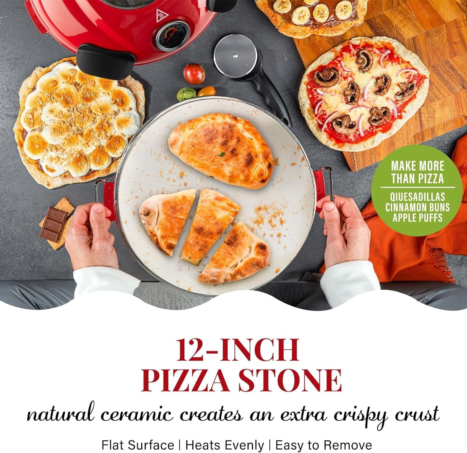 Piezano Pizza Oven Exclusive Bundle with Pizza Cutter + Dough Roller by Granitestone, Electric Indoor Portable, 12 Inch Indoor Pizza Oven Countertop Heats up to 800˚F As Seen on TV Products