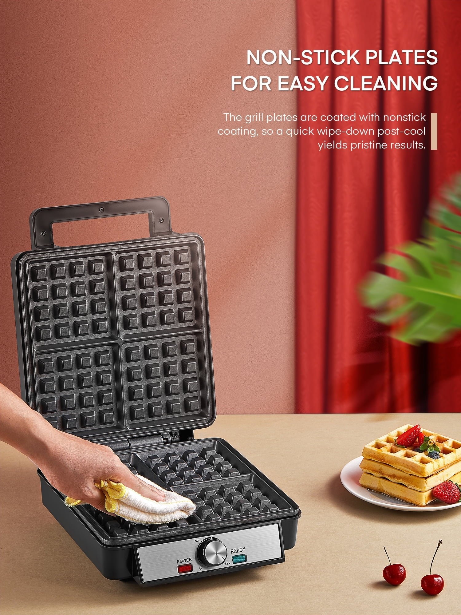 FOHERE 4-Waffle Electric Belgian Waffle Maker, Black Stainless Steel