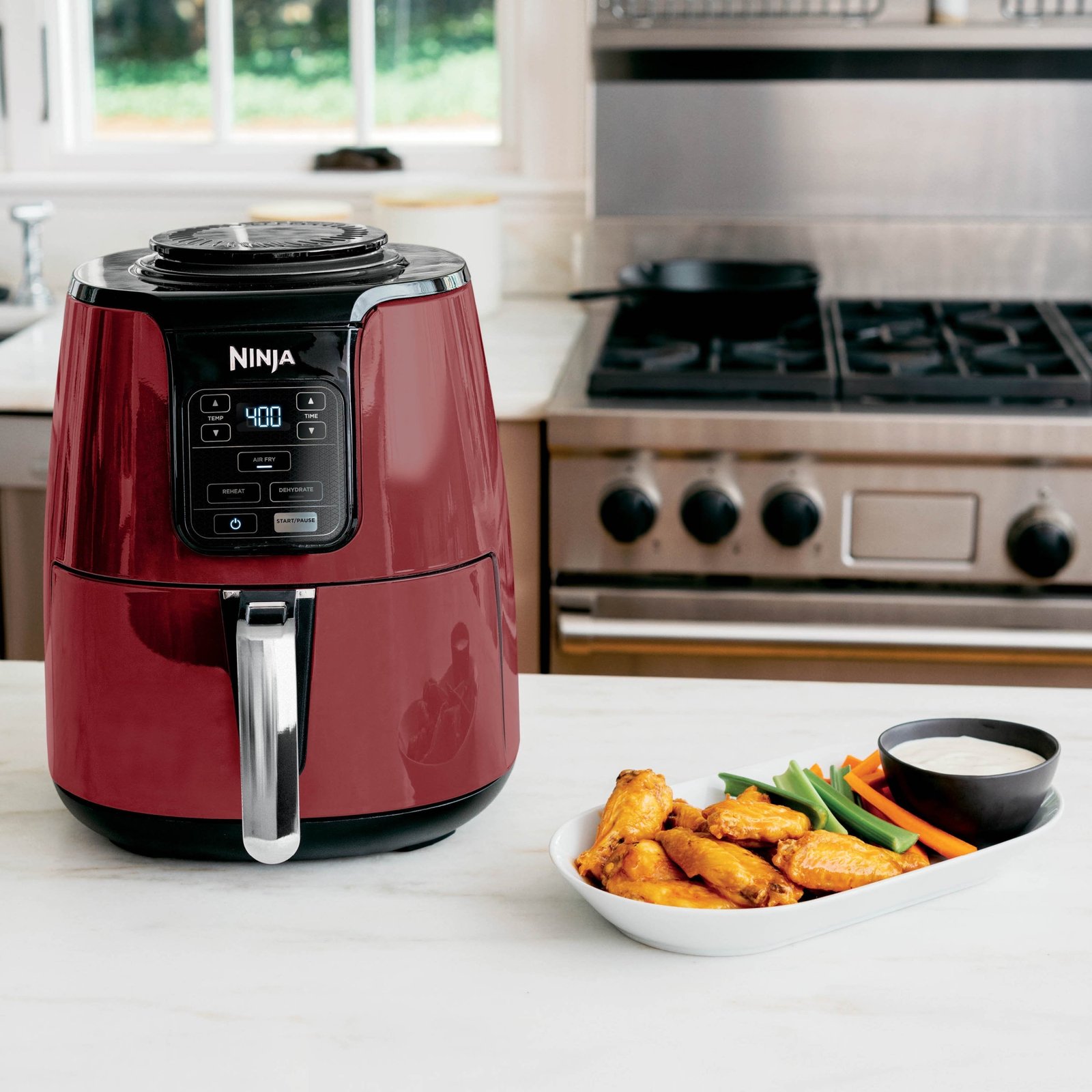 Ninja 4 Qt Air Fryer, 3 Functions, Air Fry, Reheat, and Dehydrate, Dishwasher Safe, Non-Stick, AF100, Red