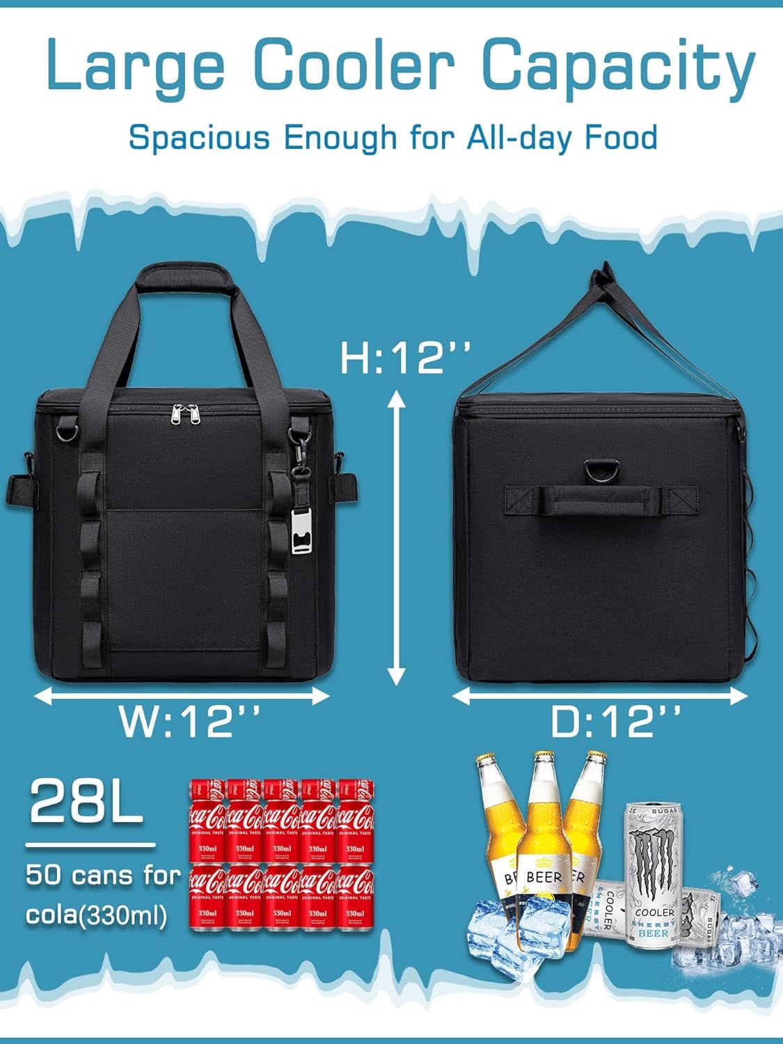 Insulated Soft Cooler Bag 12"x12"x12" Large Leakproof Soft Sided Ice Chest for Travel Beach Camping, 50 Cans Portable Cooler Box for Grocery Shopping, Road Trips