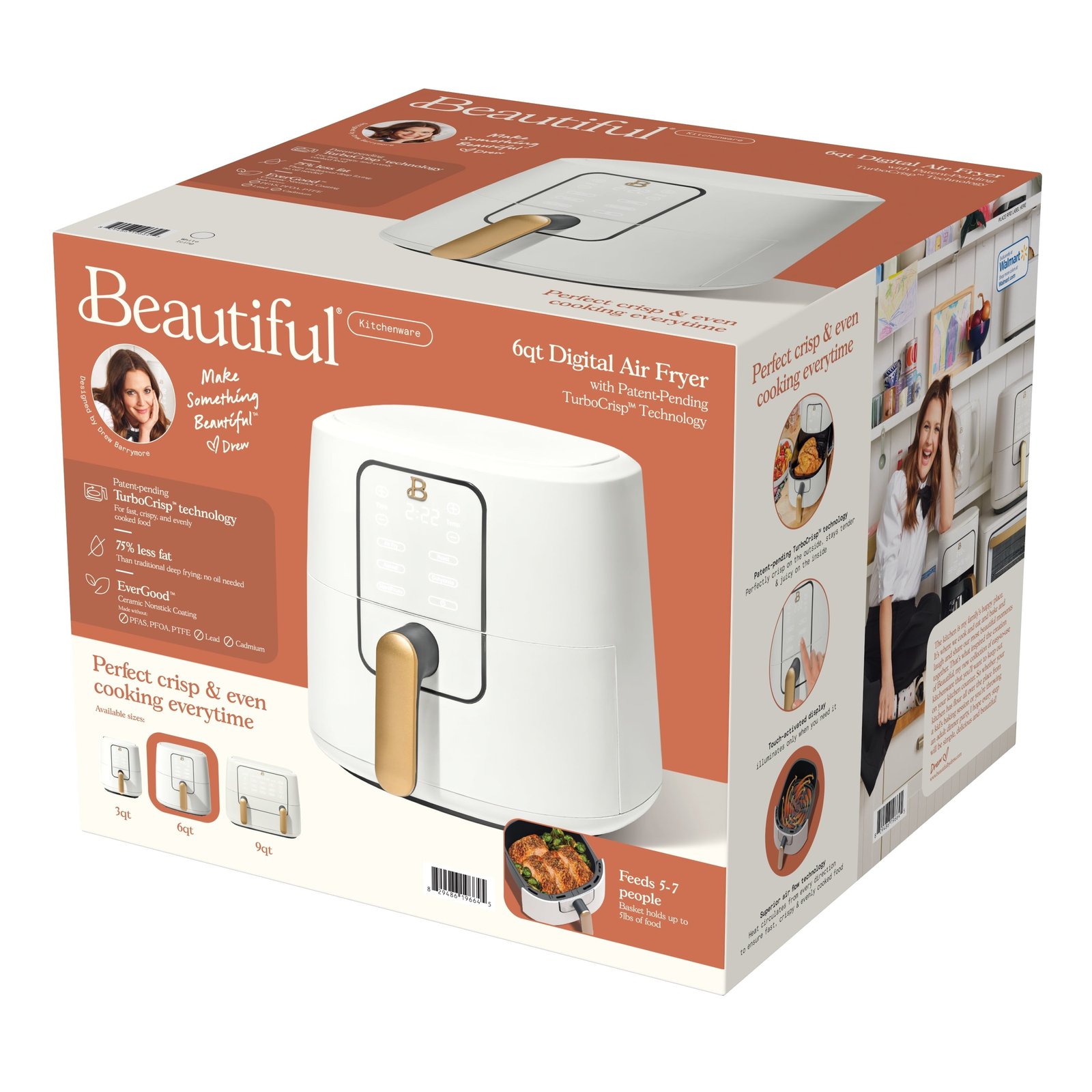 Beautiful 6qt Air Fryer with TurboCrisp Technology, EverGood Ceramic Nonstick Coating, White Icing by Drew Barrymore