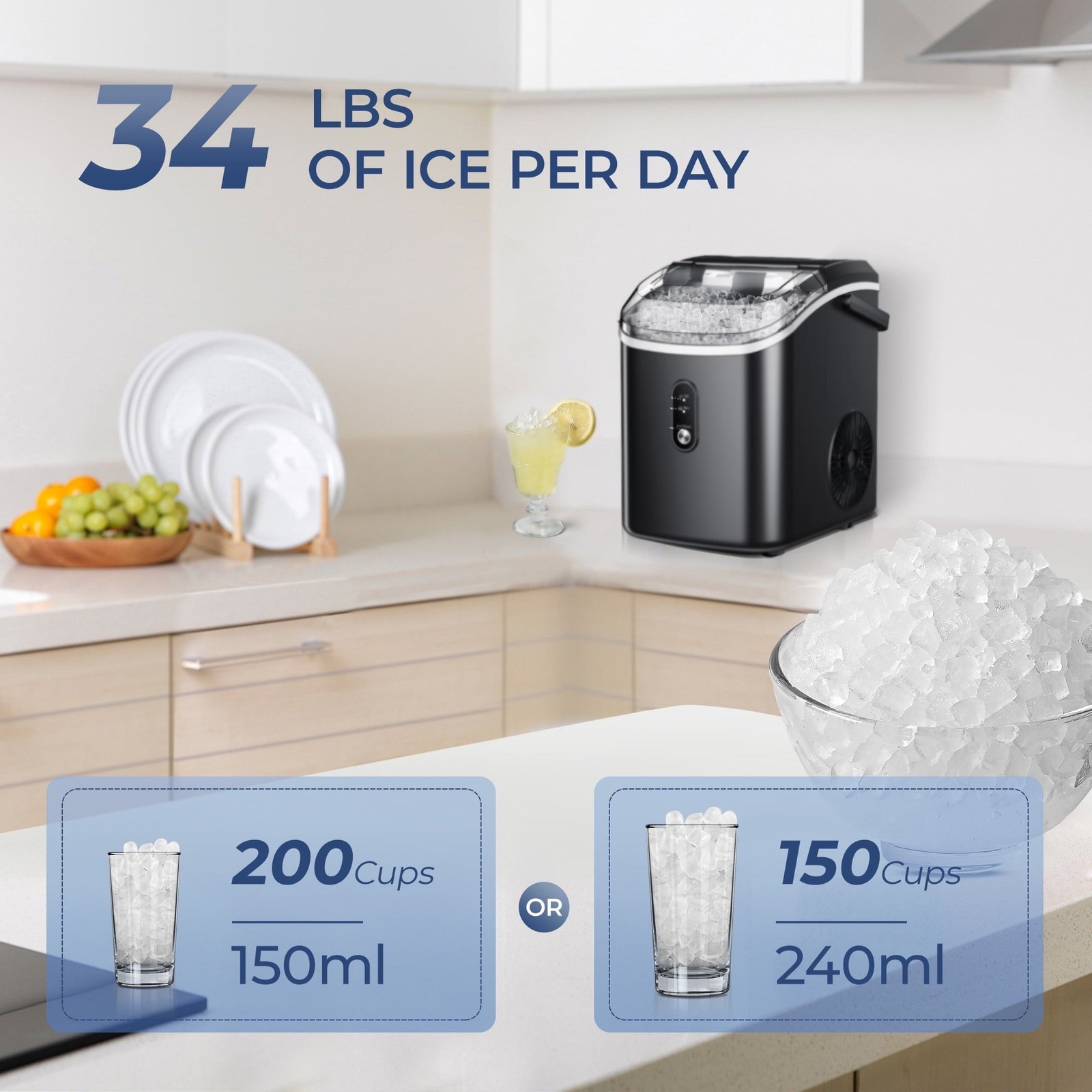 Simzlife 35lbs/24H Nugget Ice Maker Countertop, Portable Ice Maker Machine with Auto-Cleaning, Black