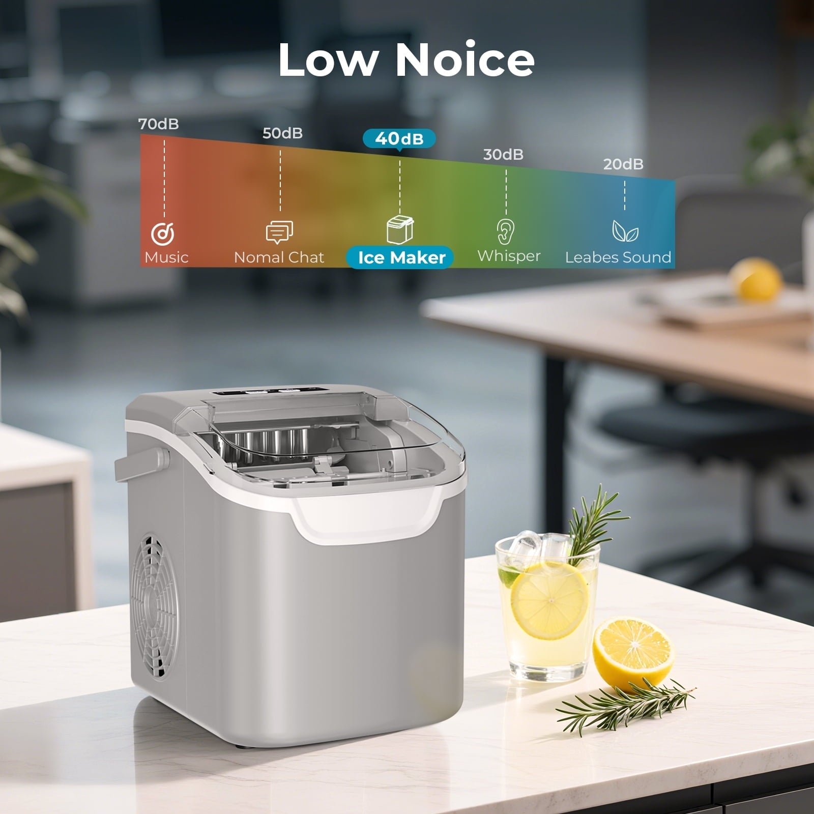 WAA Ice Makers Countertop,8pcs/ 6mins with 2 Sizes,Self-Cleaning,26.5Lbs/Day Quiet Portable Mini Ice Machine with Basket/Scoop,Energy Saving for Home/Office/Kitchen/RV,Grey