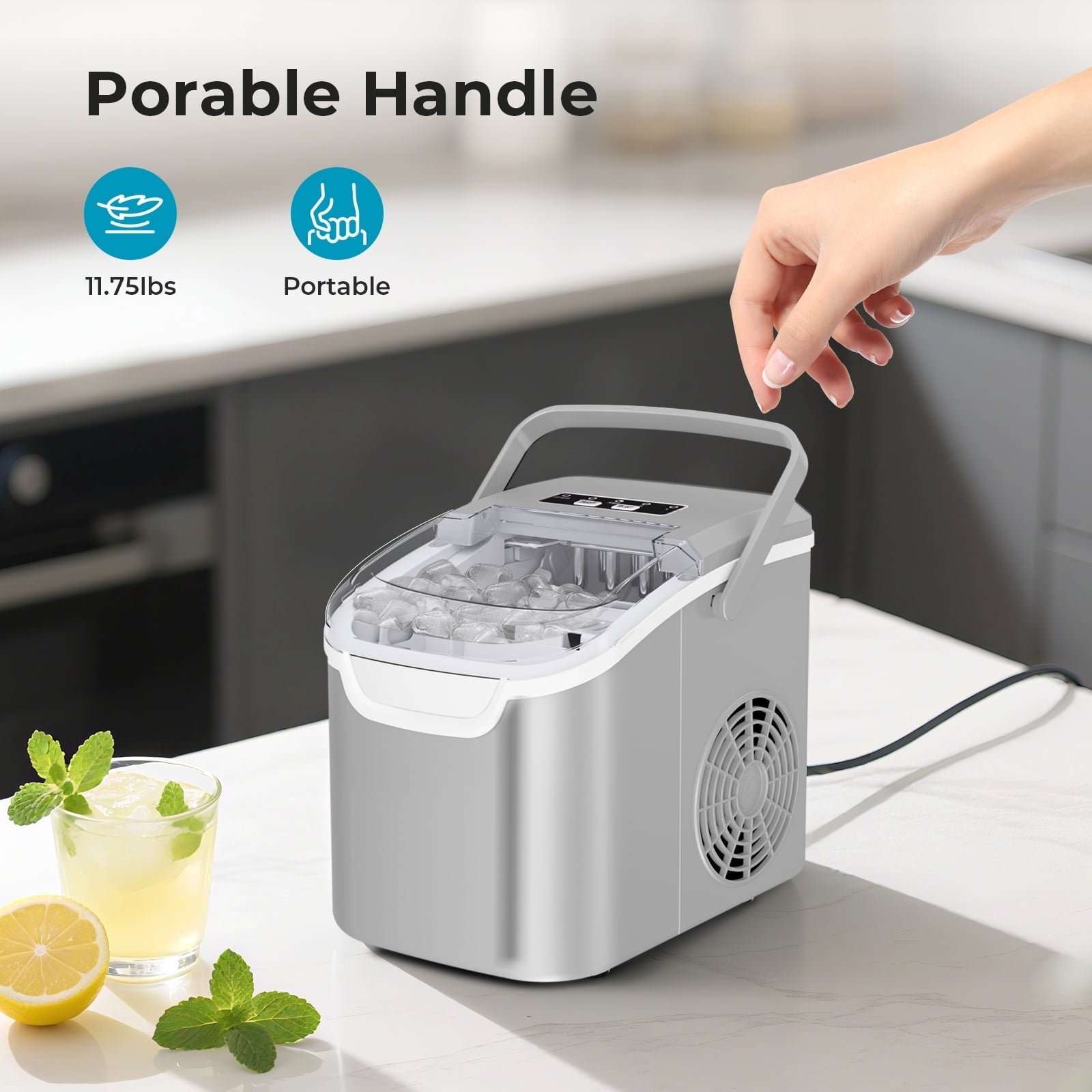 WAA Ice Makers Countertop,8pcs/ 6mins with 2 Sizes,Self-Cleaning,26.5Lbs/Day Quiet Portable Mini Ice Machine with Basket/Scoop,Energy Saving for Home/Office/Kitchen/RV,Grey