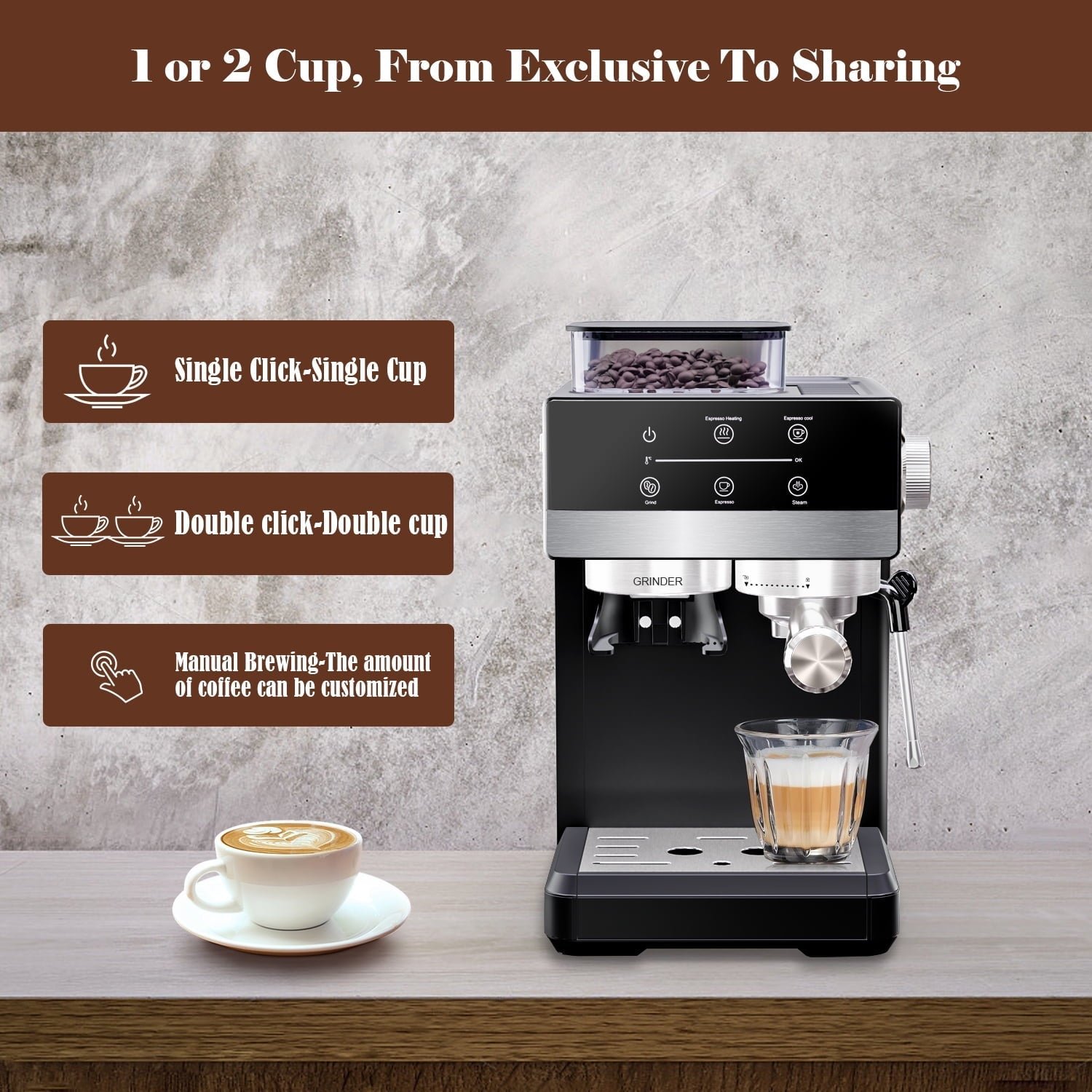 Bluebow Espresso Machine with Grinder, 20Bar Semi-Automatic Coffee Maker with Milk Frother, Professional Cappuccino Latte Machine for Home, Office