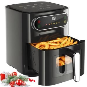 Air Fryer with Clear Windows, Crisps, Broils, Roasts, Dehydrates, Bakes, Reheats, Toaster Baker, 6QT for 3-5 People, LED Smart Display, 85% Oil-Less, Stainless Steel Easy Cleaning