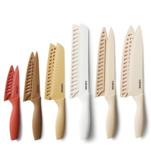 Carote 12 Pcs Kitchen Knife Set, Stainless Steel Knife Set with Nonstick Creamic Coating, Taupe