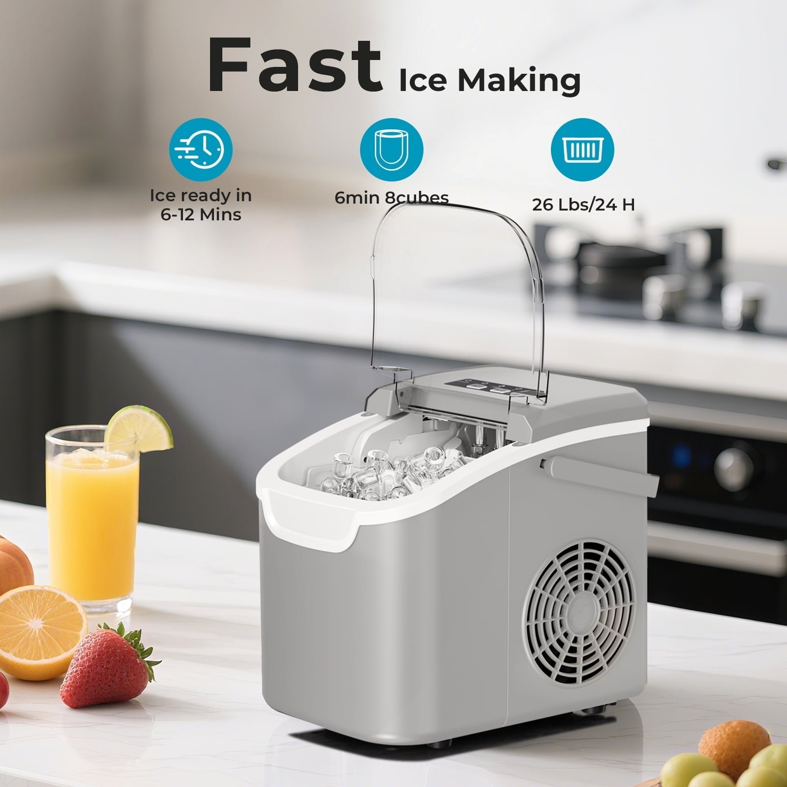 WAA Ice Makers Countertop,8pcs/ 6mins with 2 Sizes,Self-Cleaning,26.5Lbs/Day Quiet Portable Mini Ice Machine with Basket/Scoop,Energy Saving for Home/Office/Kitchen/RV,Grey
