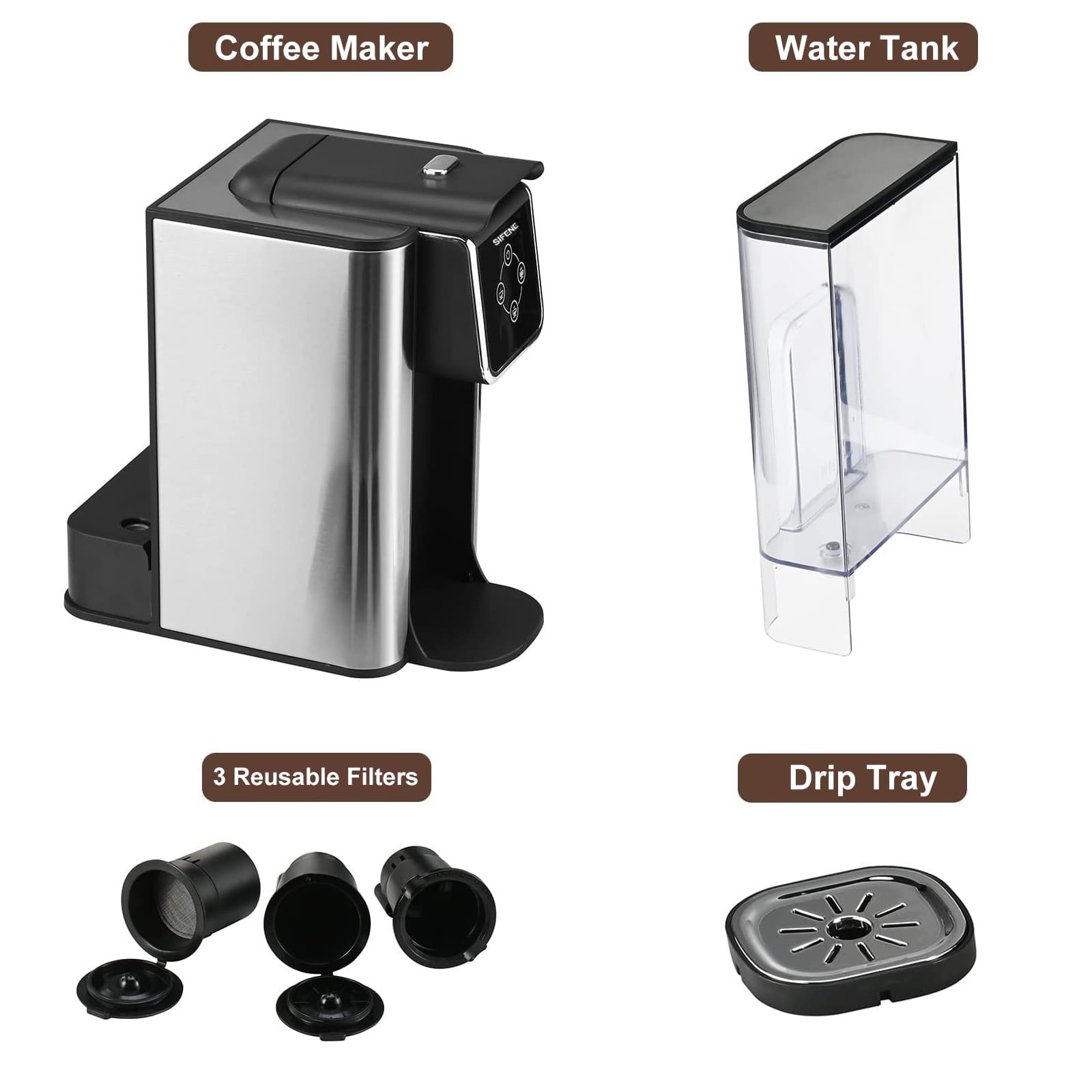 SIFENE 3 in 1 Single Serve Coffee Maker: Coffee Machine Compatible with K Cup Capsules & Grounds, Instant Coffee Pot, Tea Maker Brewer - Removable 50 Oz Water Reservoir, 120V 1150W, Black
