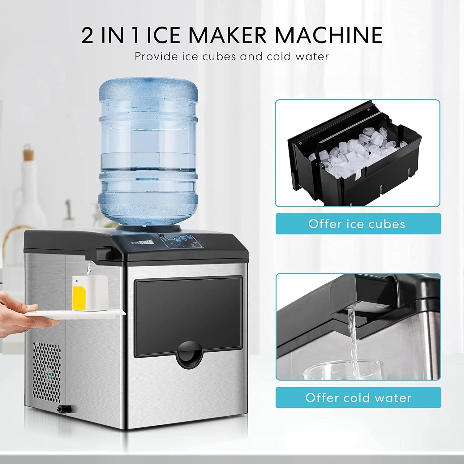 VIVOHOME Electric 2 in 1 Countertop Ice Maker, Ice and Water Dispenser Machine 48lbs/Day