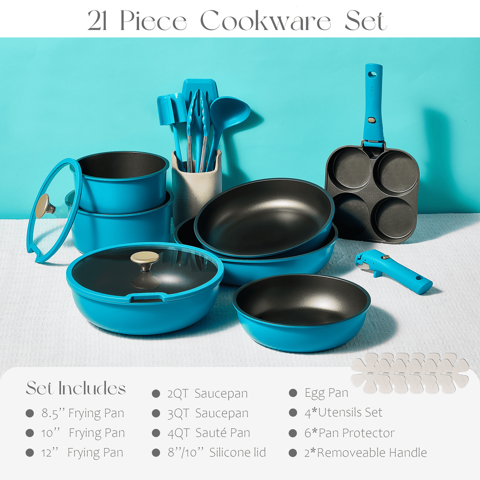 Carote 21 Pcs Nonstick Cookware Sets, Pots and Pans Set with Detachable Handles, Oven/Dishwasher Safe, Stackable Kitchen Cooking Set, Induction Cookware, Peacock Blue