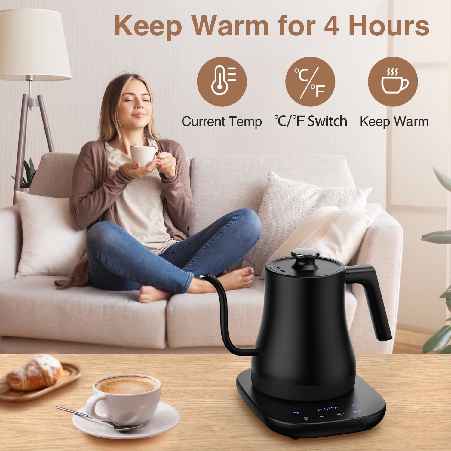 DBPOWER 1200W Electric Gooseneck Kettle, Black with Automatic Shut-off
