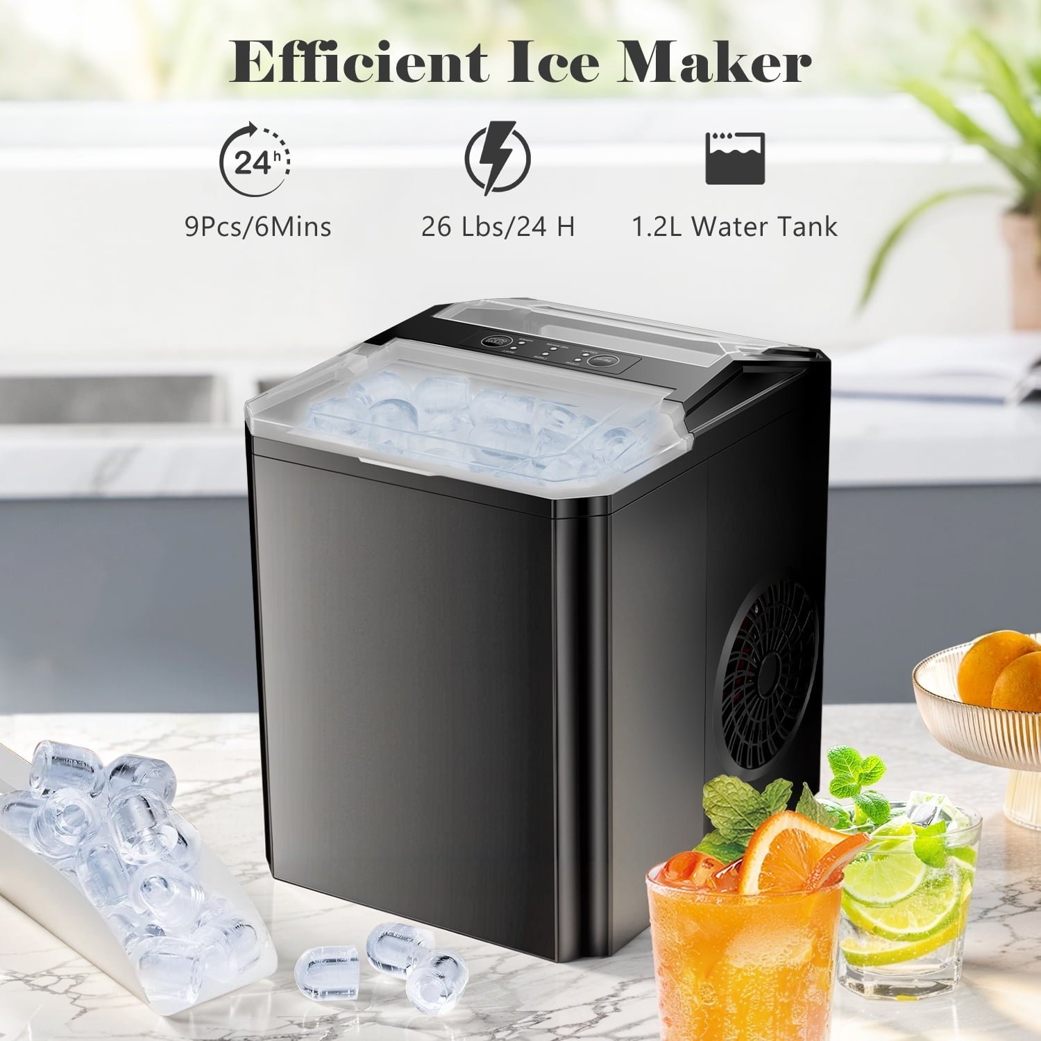 Smiaoer Portable Countertop Ice Maker with Self-Cleaning, 9 Cubes in 6 Mins, 26 lbs/24 Hrs,For Home Camping,Black