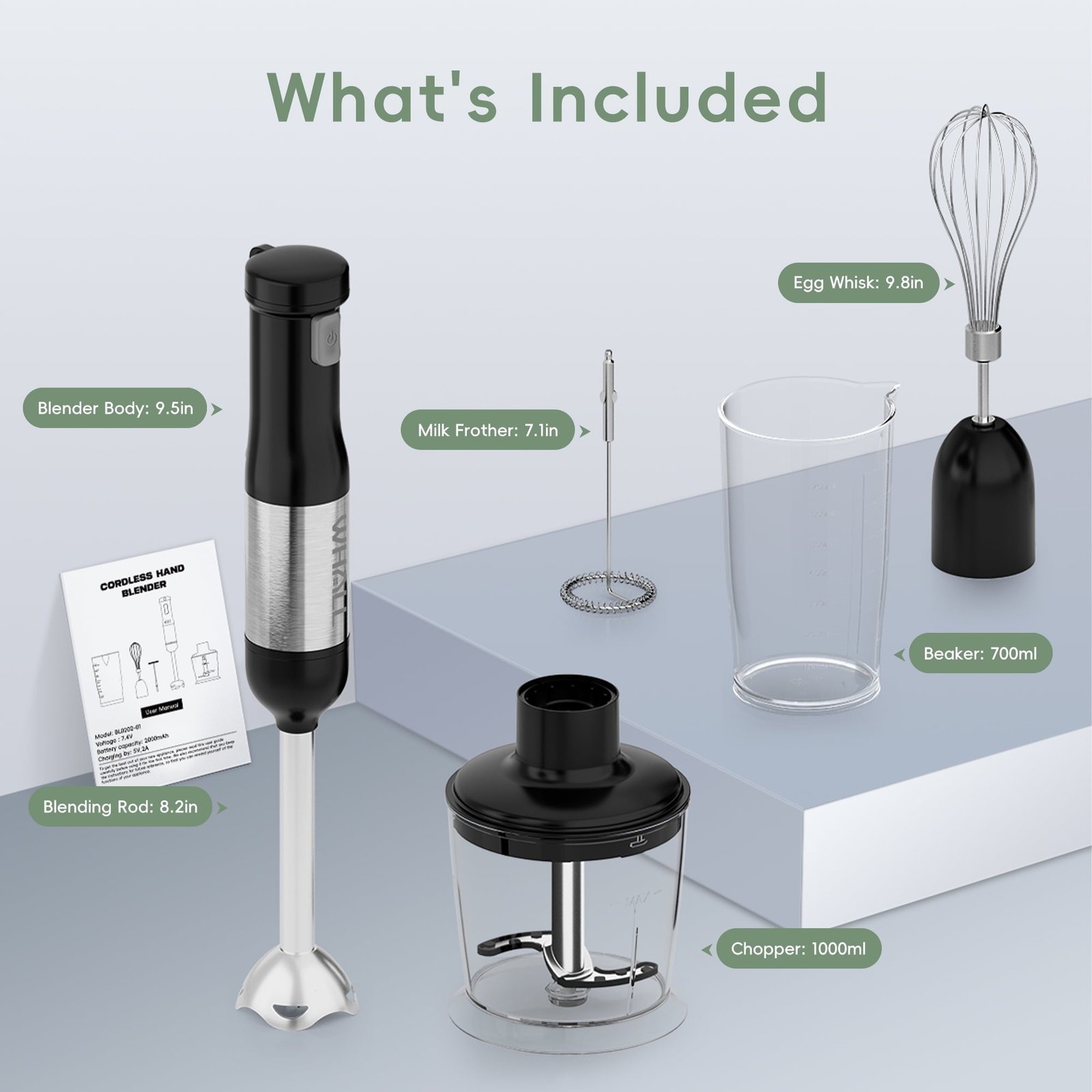 WHALL Cordless Immersion Blender, Rechargeable 5-in-1 Handheld Blender with Whisk, Milk Frother Attachments, Portable Stick mixed,700ml Beaker, 500ml Chopper