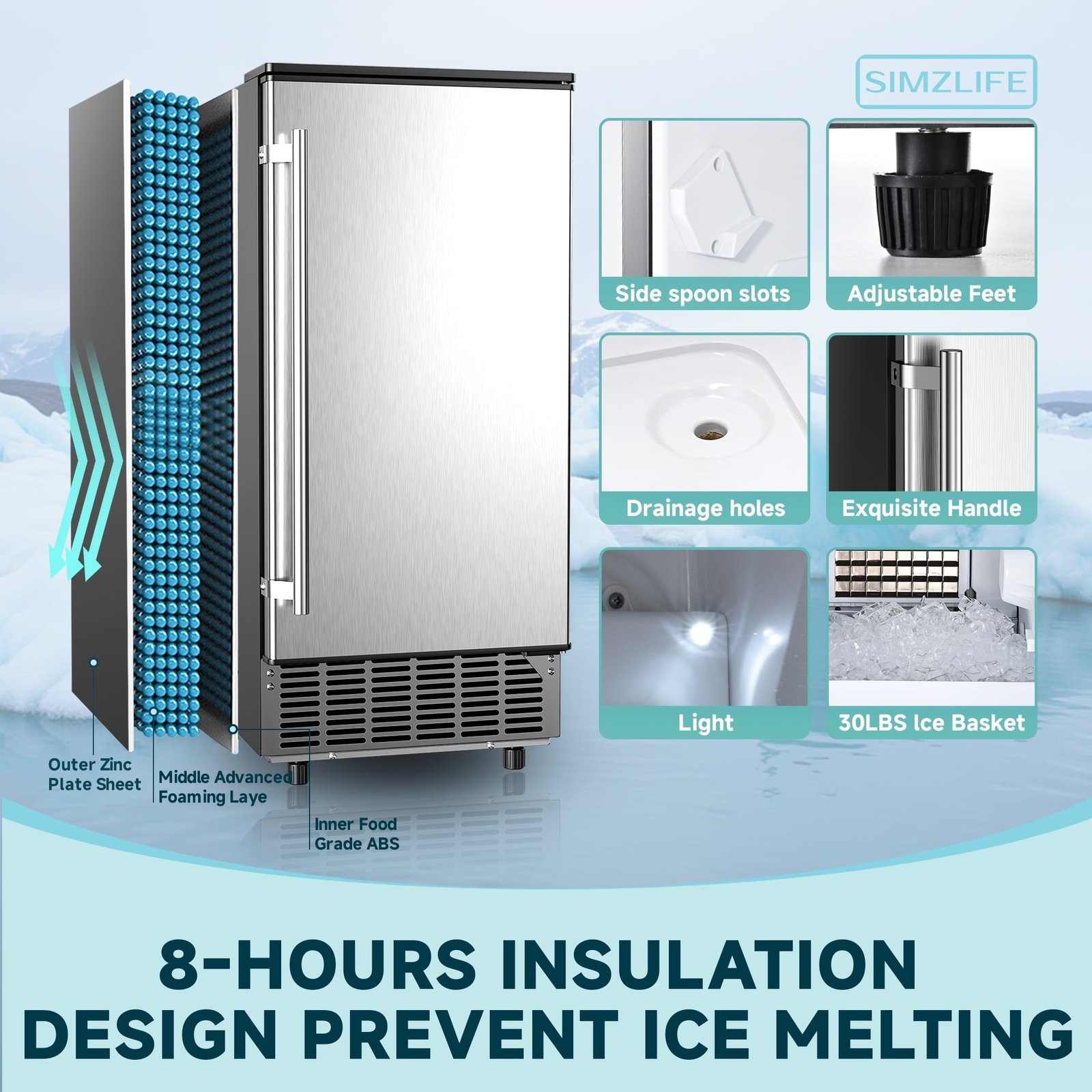 Simzlife 80lbs/24H Undercounter Commercial Ice Maker, Freestanding/Built-In Ice Machine with Clear Cube