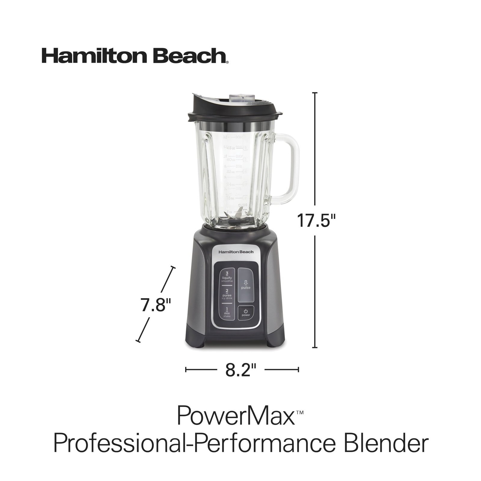 Hamilton Beach PowerMax Professional Smoothie Blender for Kitchen, 48 oz Jar for Smoothies and Shakes, Gray