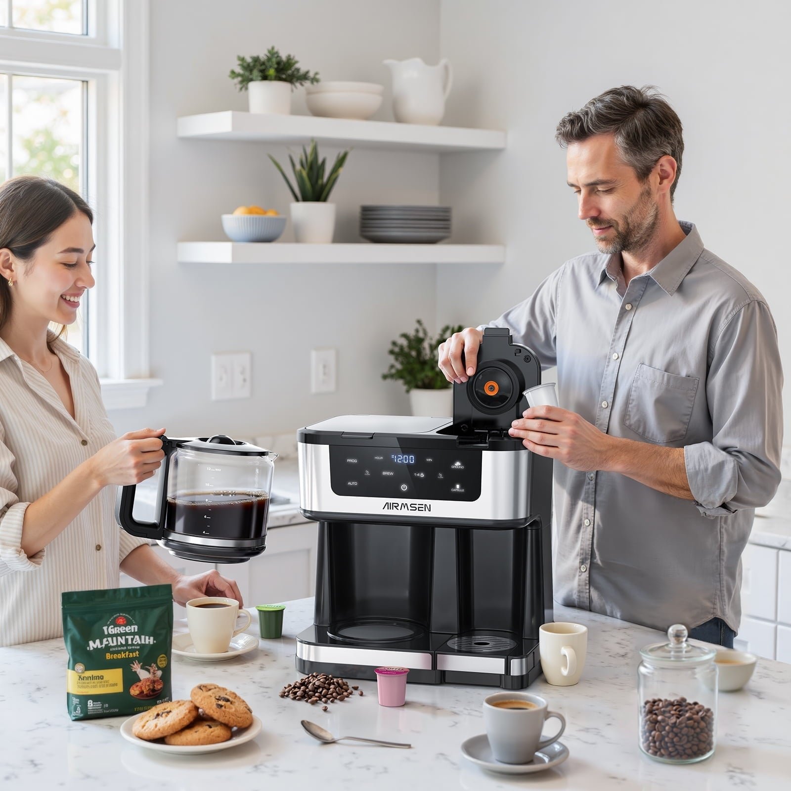 AIRMSEN 2-Way 14-Cup Programmable Drip Coffee Maker for K-Cup Combo and Ground Single Serve Machine, Glass Carafe, Auto Pause and Pour, Black
