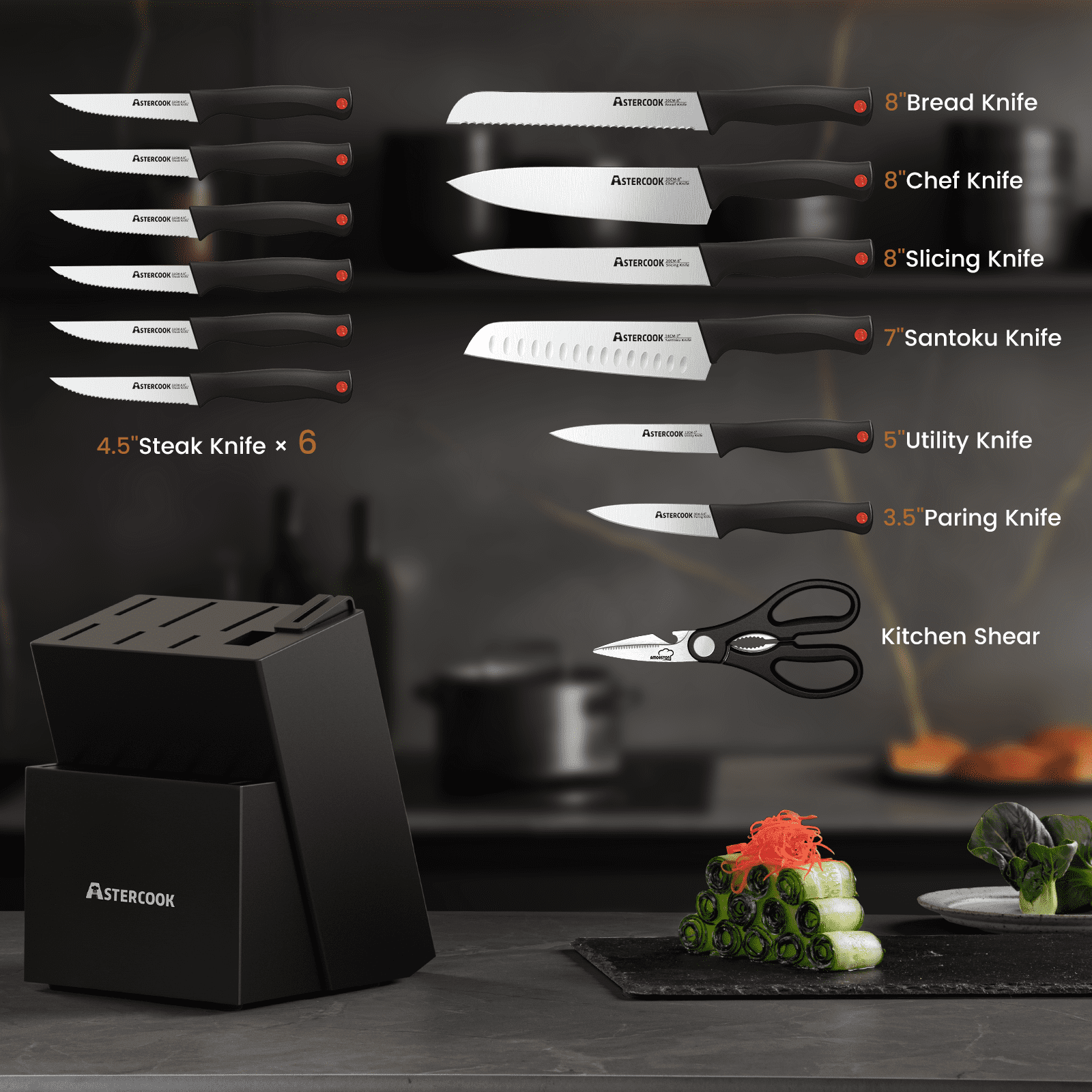 Astercook Knife set, 14-Piece Kitchen Knife Set with Built-in Sharpener, High Carbon German Stainless Steel Knives Block Sets, Ultra Sharp & Rust Resistant, Dishwasher Safe