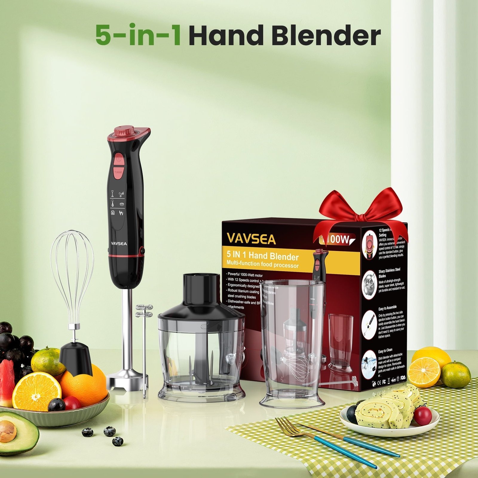 VAVSEA Immersion Blender, 1100W 5-in-1 Hand Blender, 24-Speed Handheld Stick Blender for Kitchen, Chopper, Beaker, Whisk, Milk Frother, for Baby Food Processor/Smoothies, New