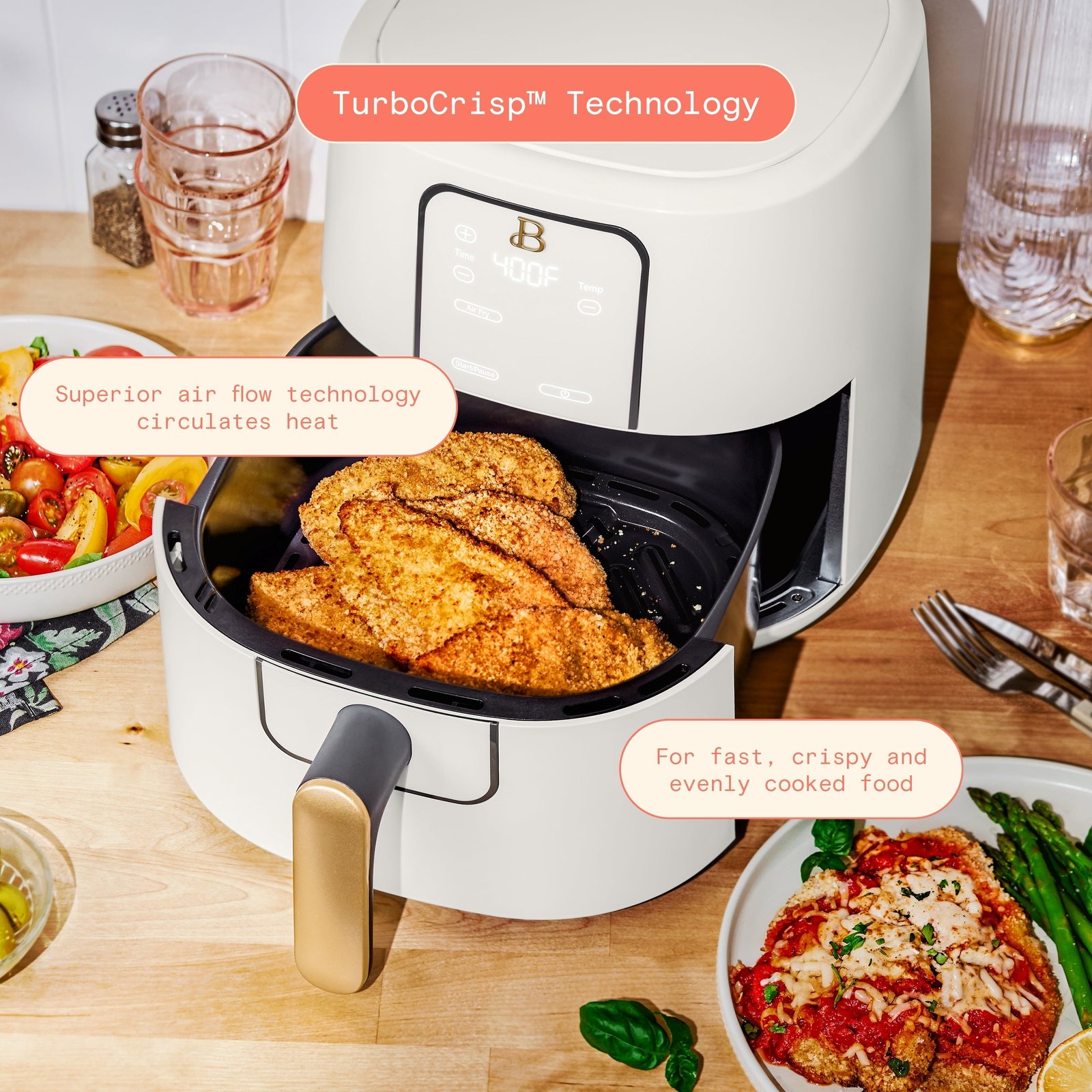 Beautiful 6qt Air Fryer with TurboCrisp Technology, EverGood Ceramic Nonstick Coating, White Icing by Drew Barrymore
