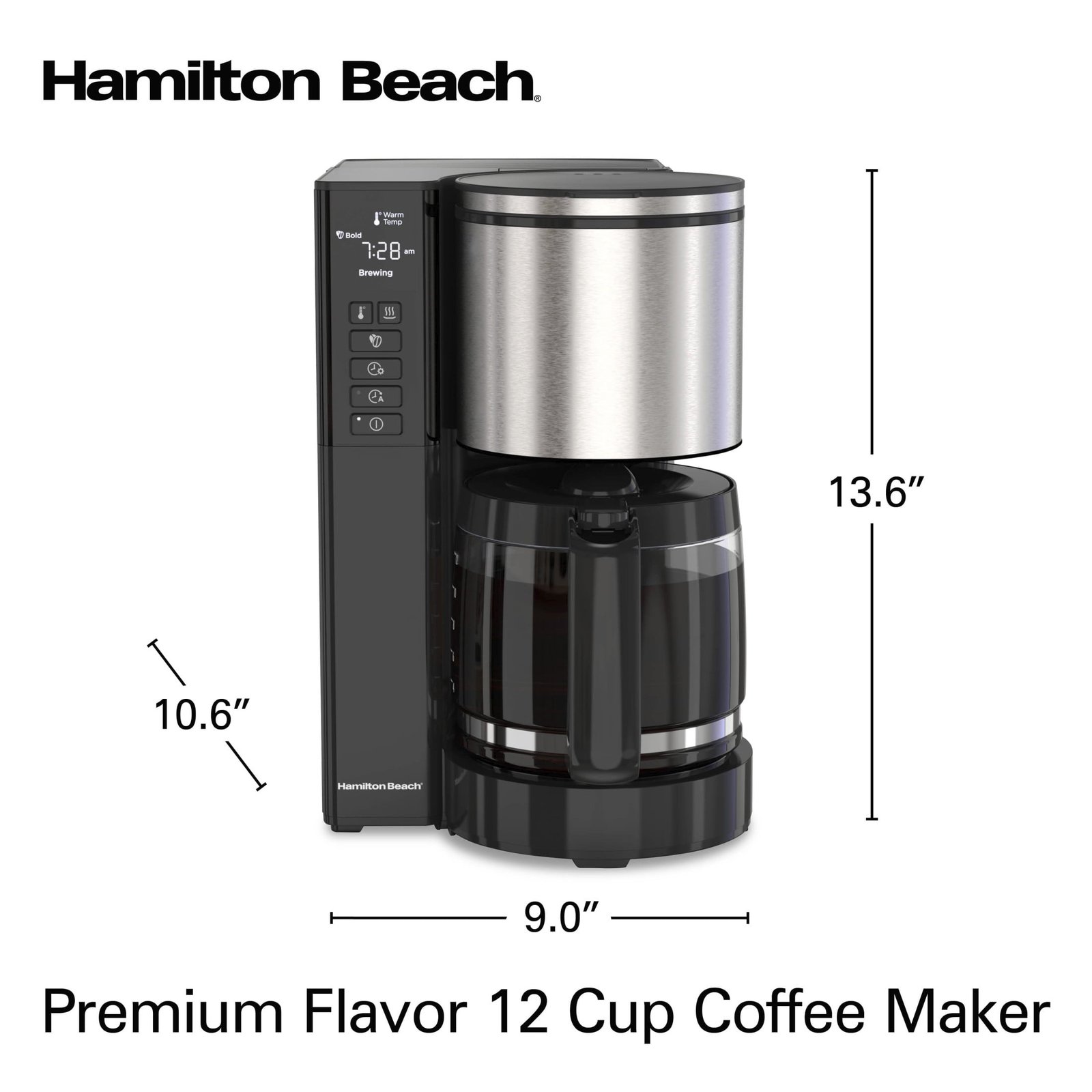 Hamilton Beach Premium 12-Cup Programmable Drip Coffee Maker Machine with Glass Coffee Pot, Black