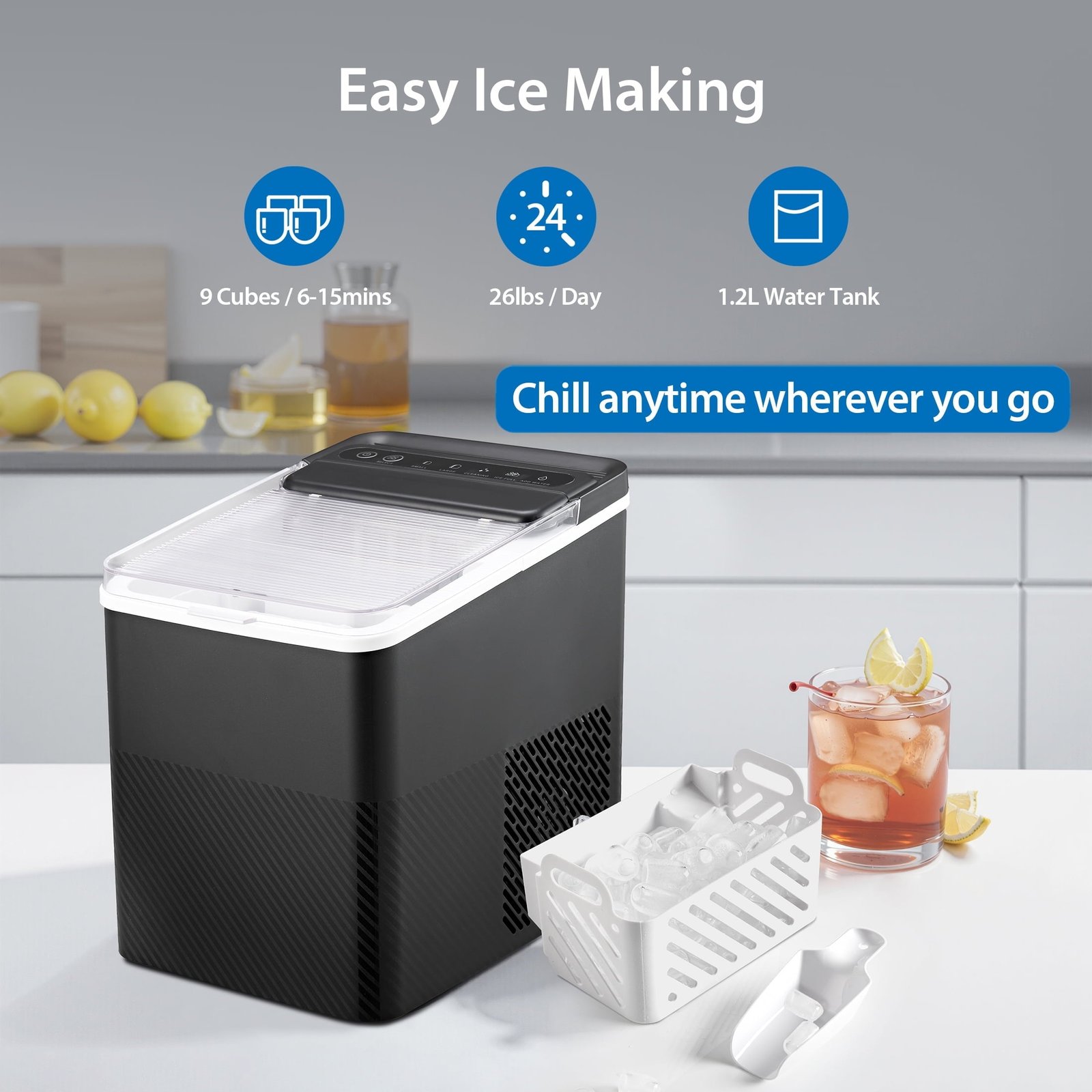 Mainstays Countertop Ice Maker, Rich Black, 9 Bullet Cubes, 2 Ice Sizes, 26 lbs/24H with Removable & Washable Ice Tray & Scoop, with Self-Cleaning Function