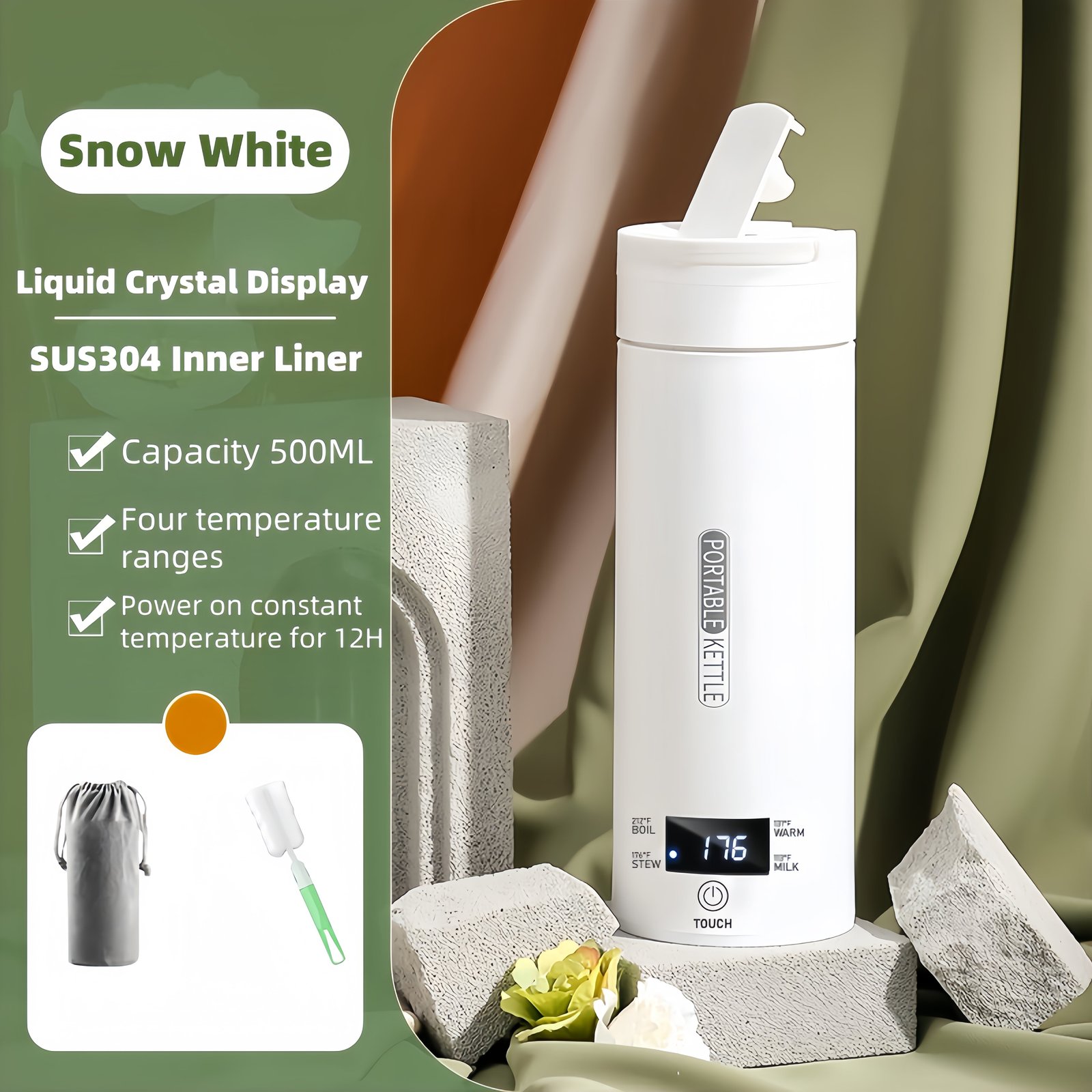 KYFIU Travel Electric Kettle, Portable Small Mini Tea Coffee Kettle Water Boiler, Constant Temperature Insulation Electric Cup, White